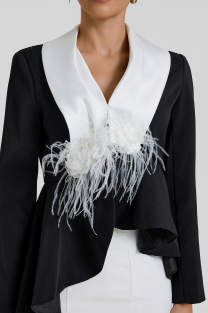 Contrast Color Feather Top & High Waist Midi Skirt Set