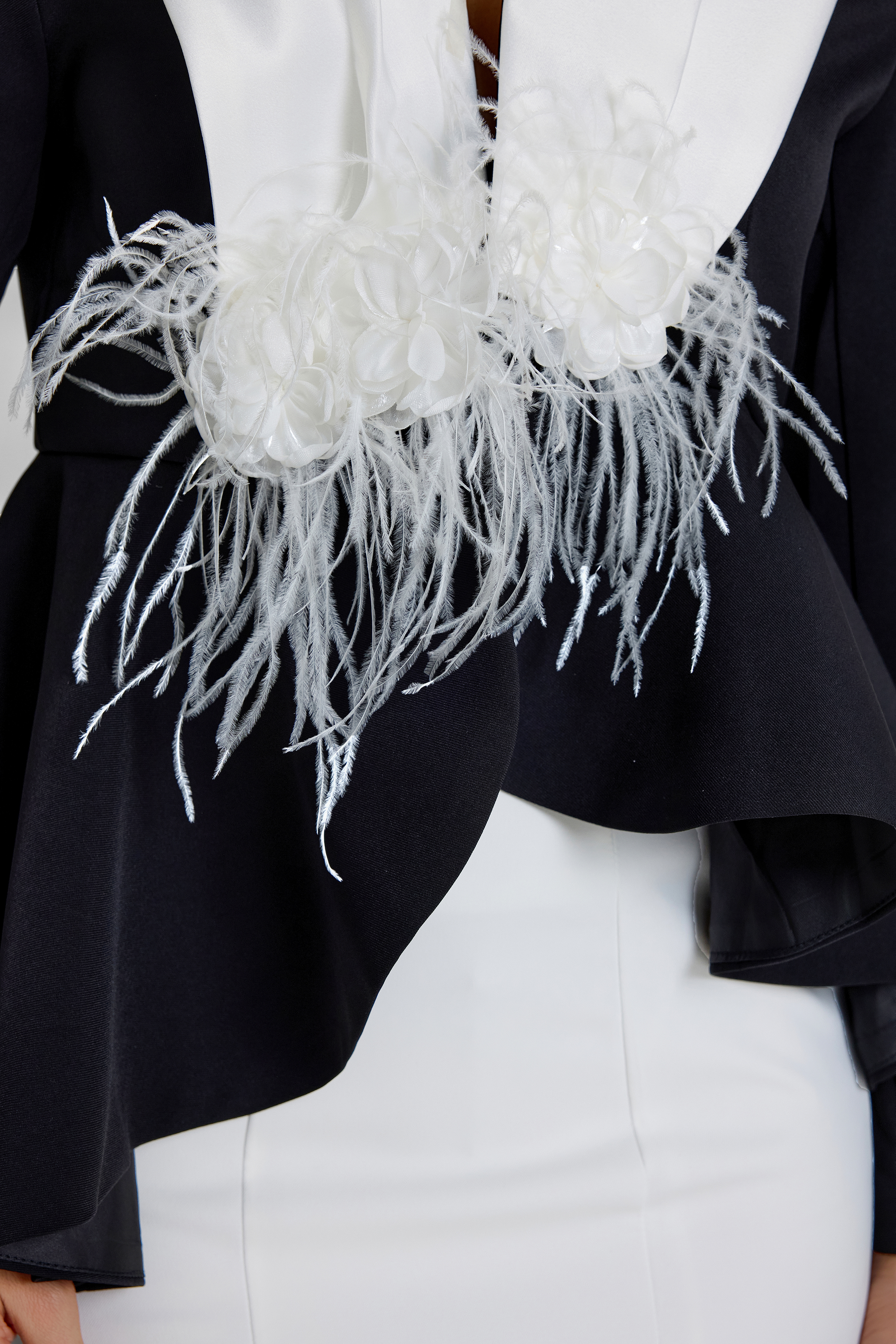 Contrast Color Feather Top & High Waist Midi Skirt Set