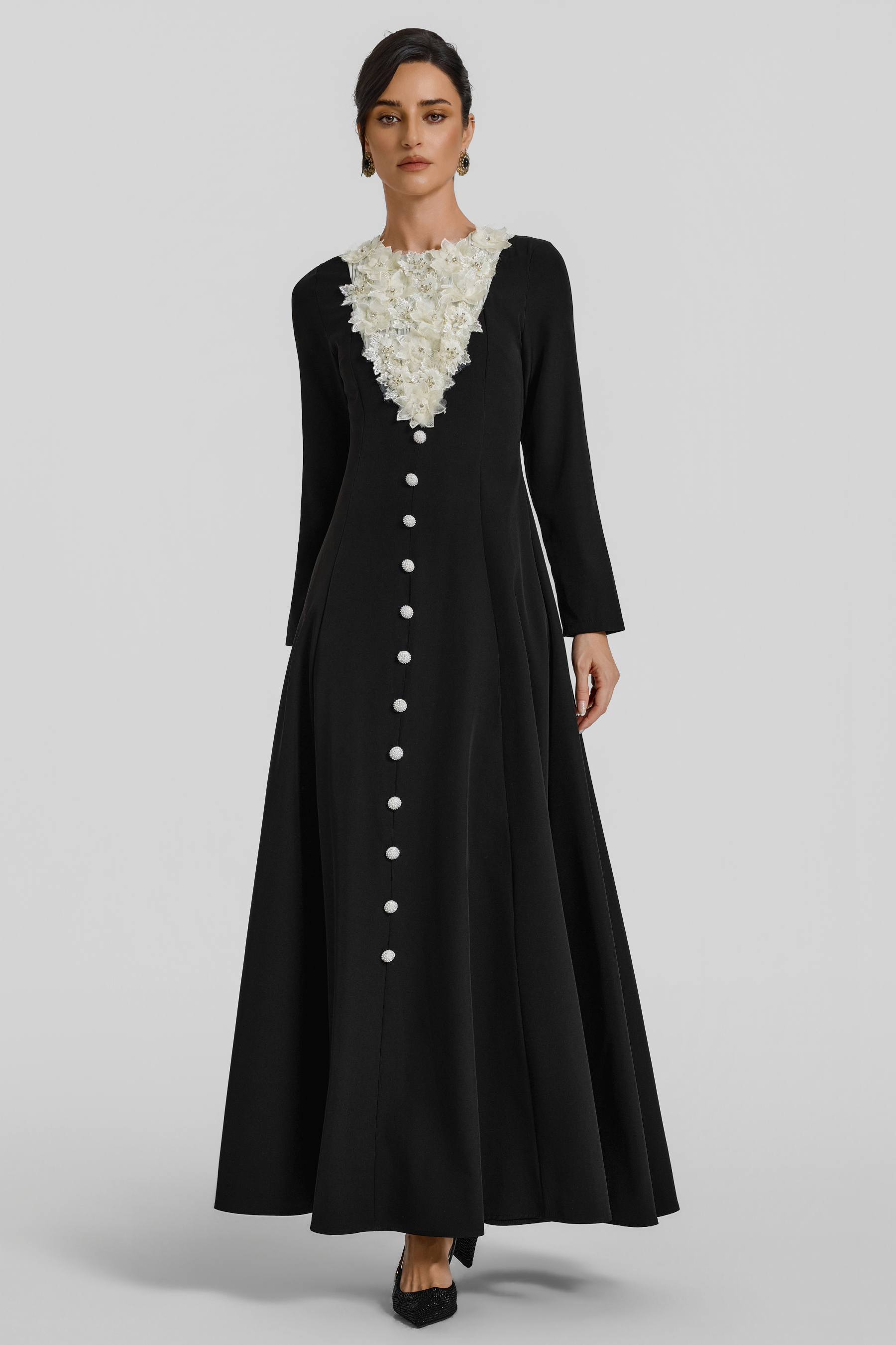 3D Flower Contrast Color Button Maxi Dress