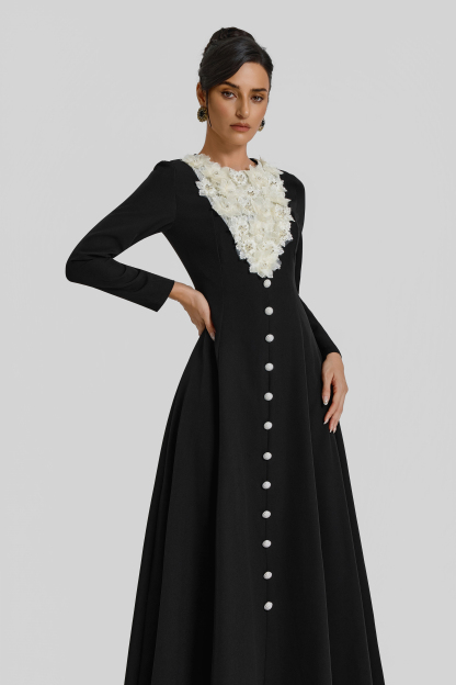 3D Flower Contrast Color Button Maxi Dress