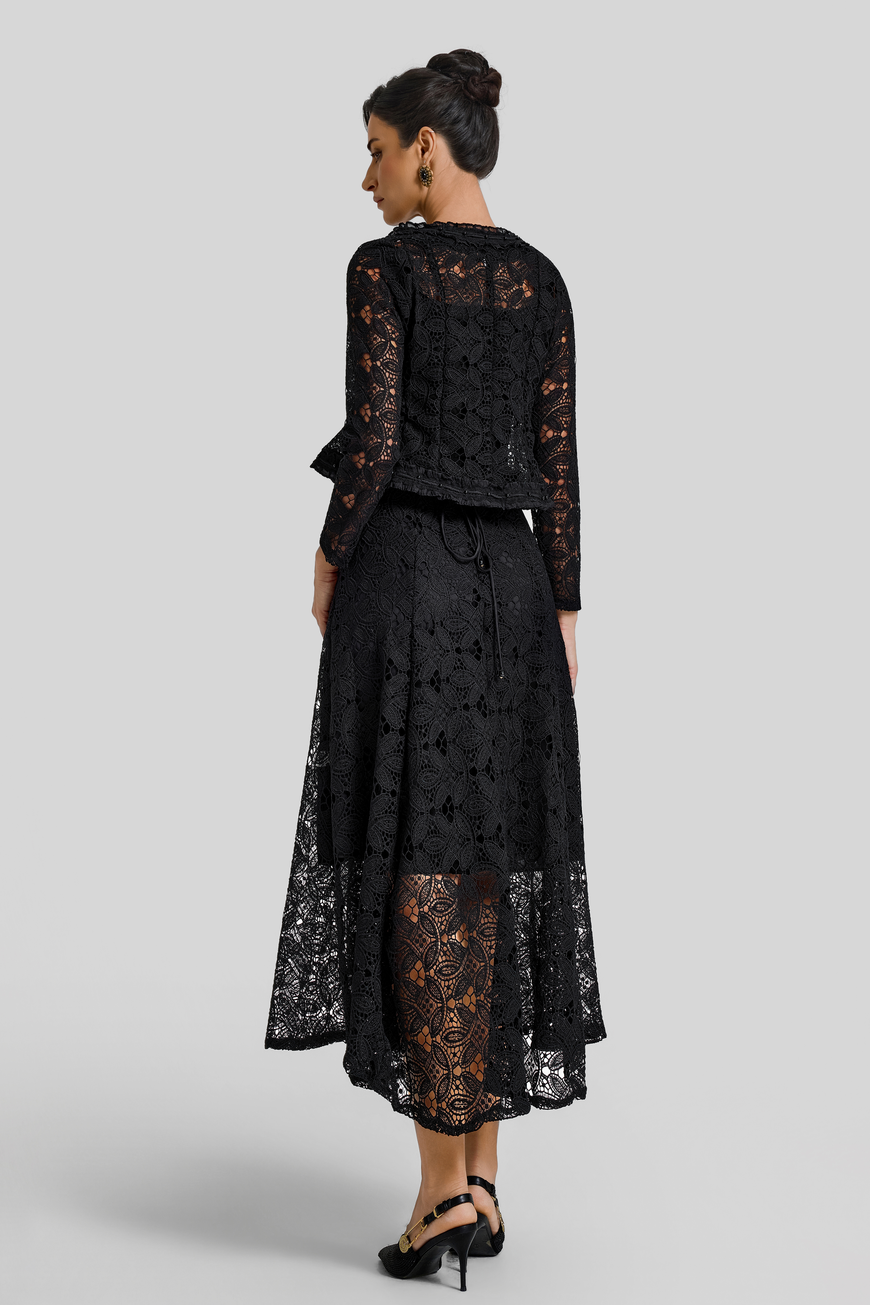 Lace Lace-Up Cardigan & Slip Midi Dress Set