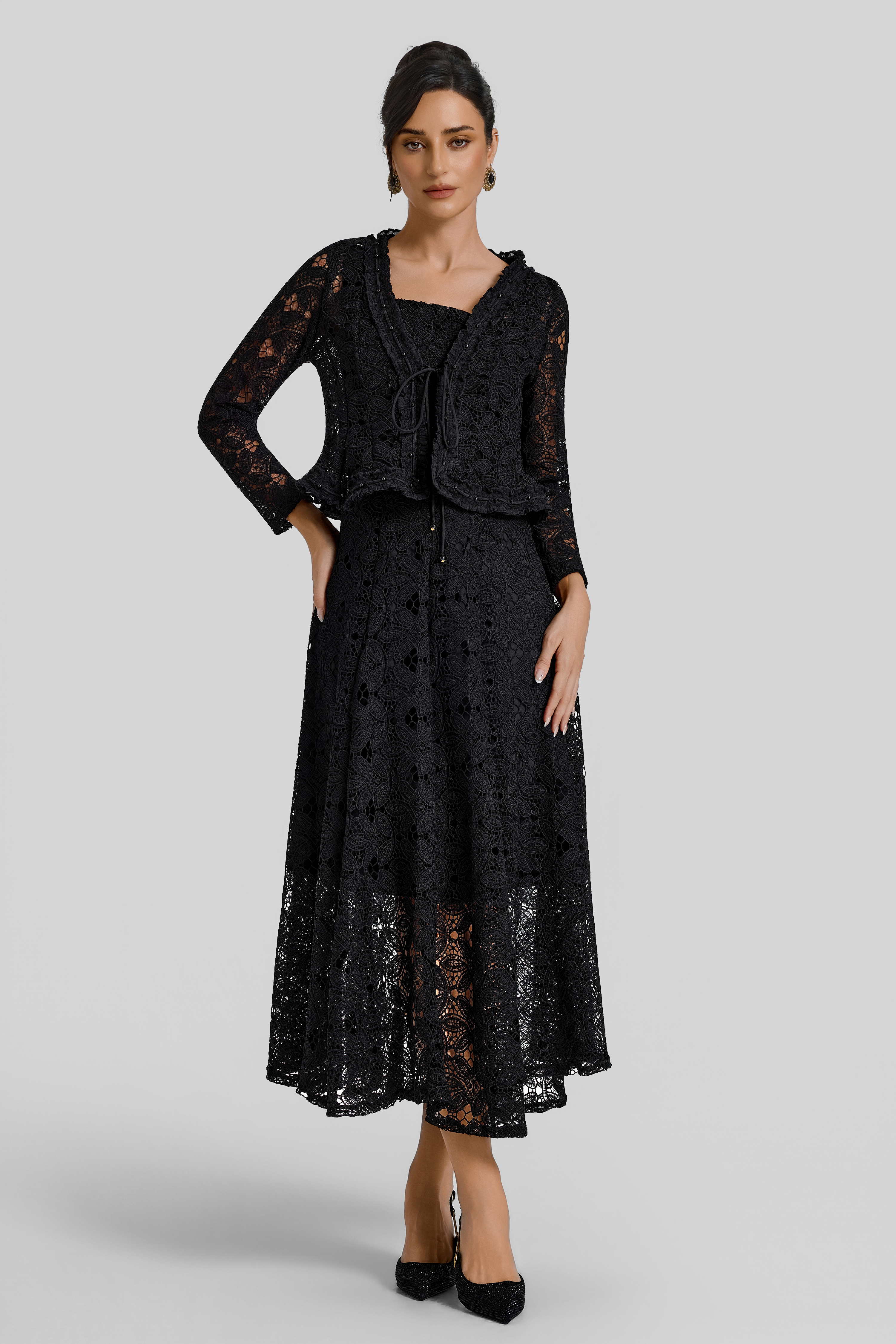 Lace Lace-Up Cardigan & Slip Midi Dress Set