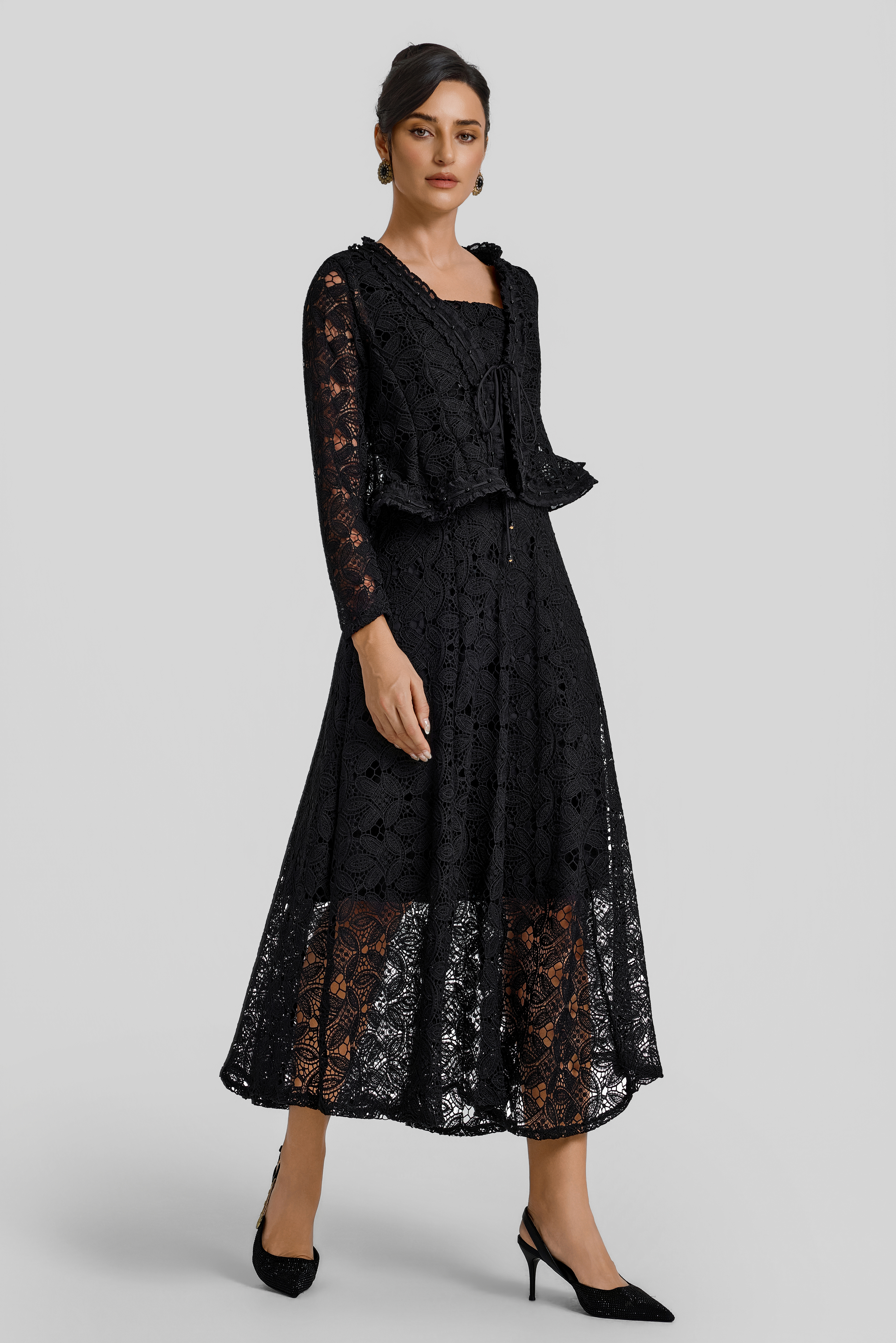 Lace Lace-Up Cardigan & Slip Midi Dress Set