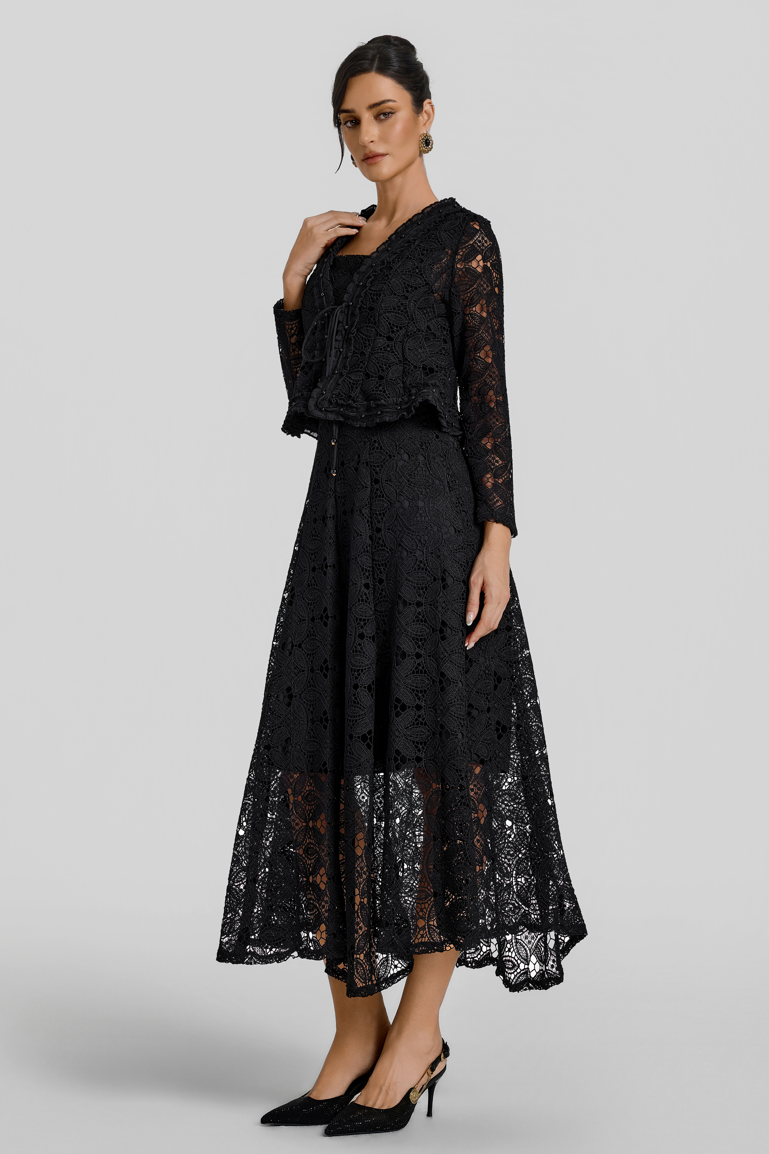 Lace Lace-Up Cardigan & Slip Midi Dress Set
