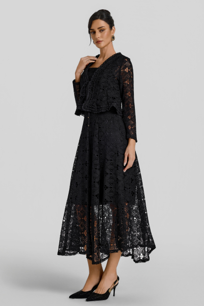 Lace Lace-Up Cardigan & Slip Midi Dress Set