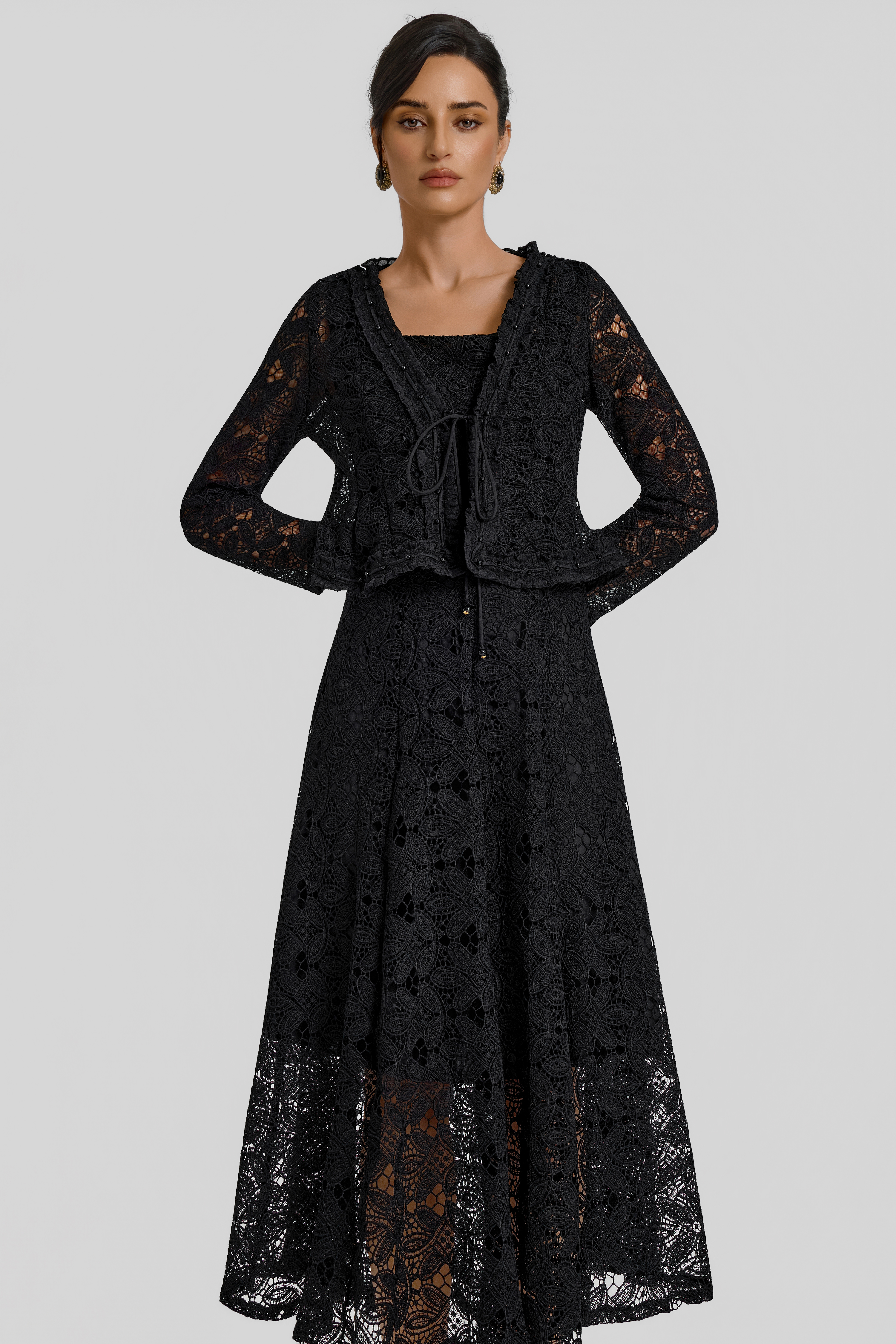 Lace Lace-Up Cardigan & Slip Midi Dress Set