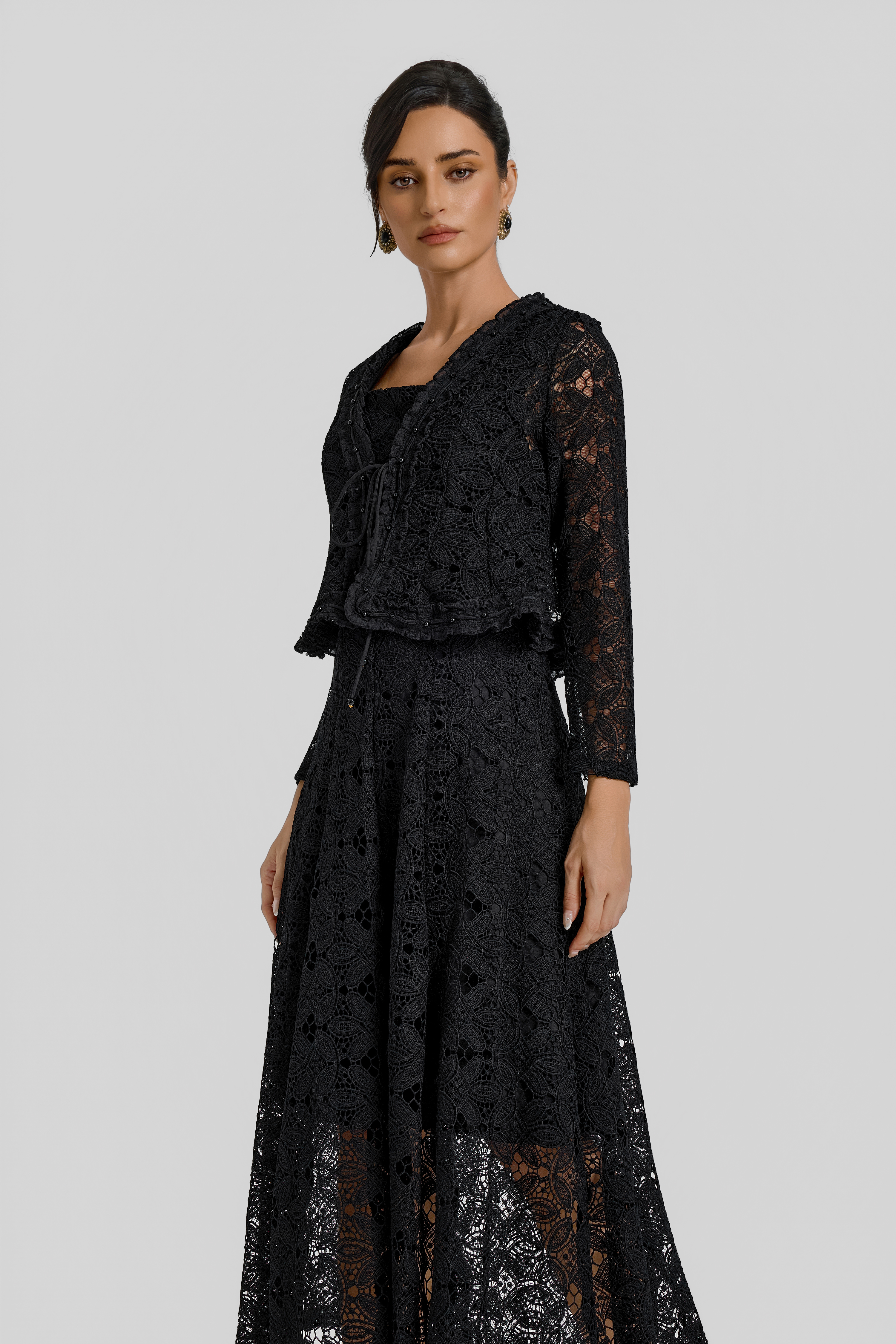 Lace Lace-Up Cardigan & Slip Midi Dress Set