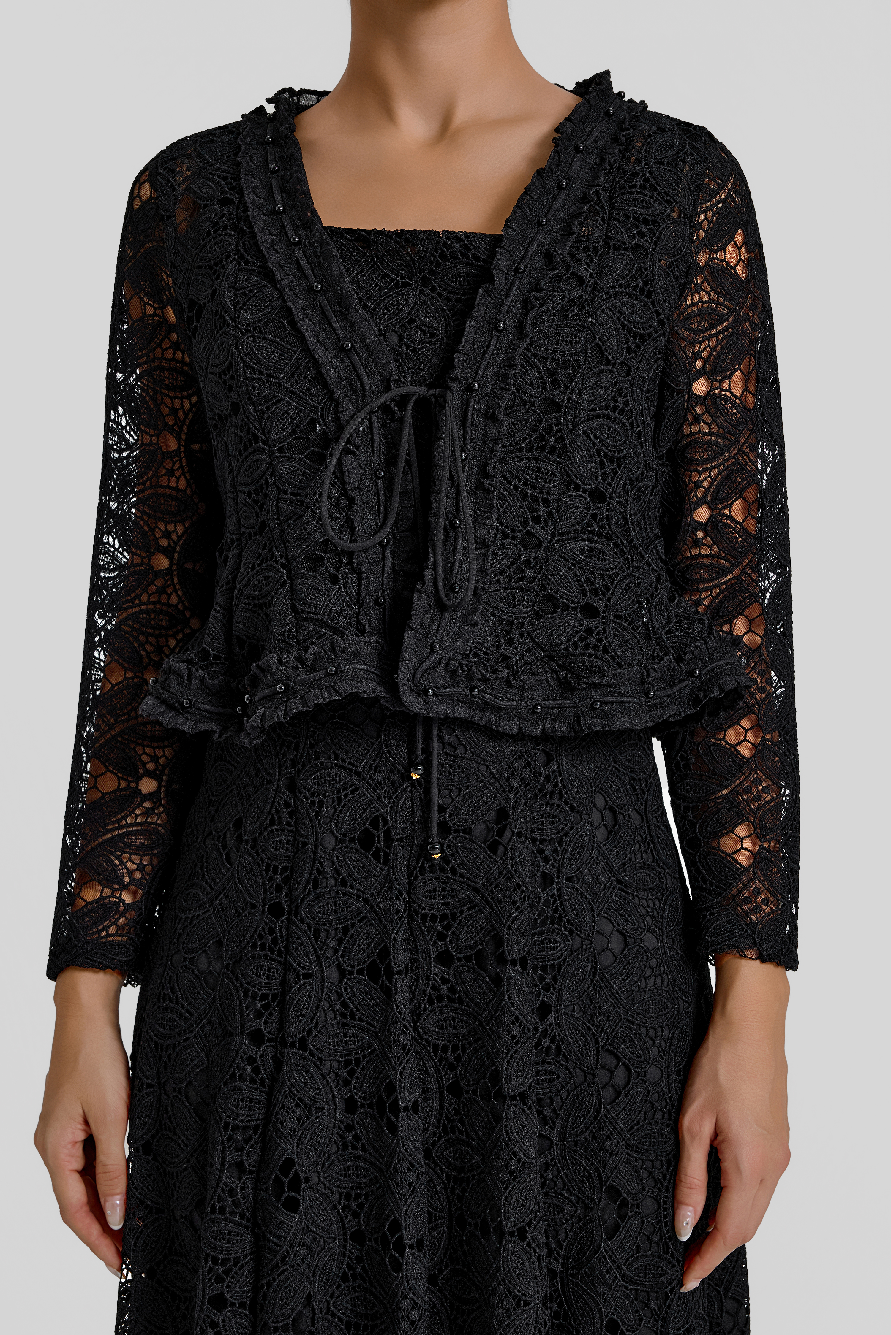 Lace Lace-Up Cardigan & Slip Midi Dress Set