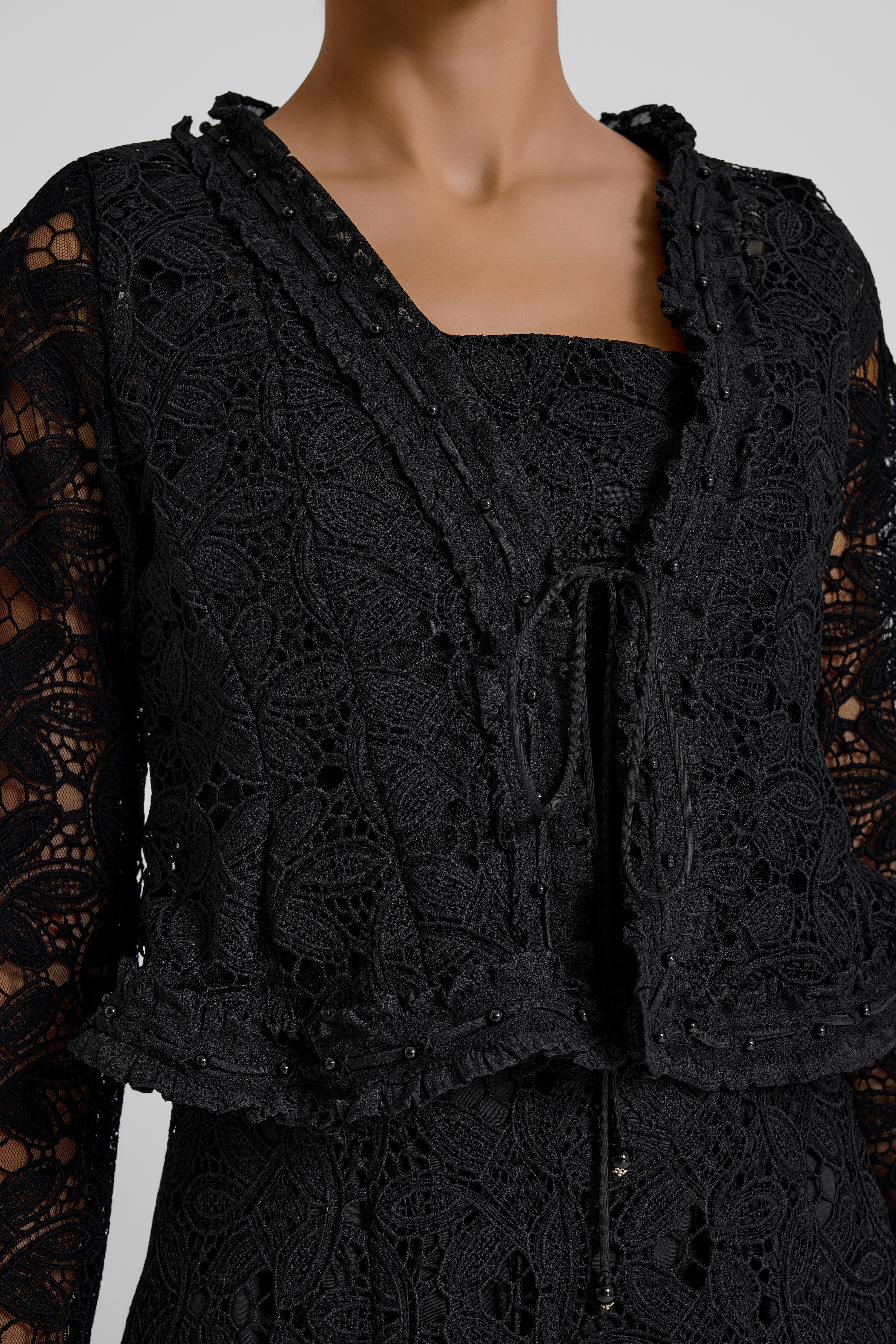 Lace Lace-Up Cardigan & Slip Midi Dress Set