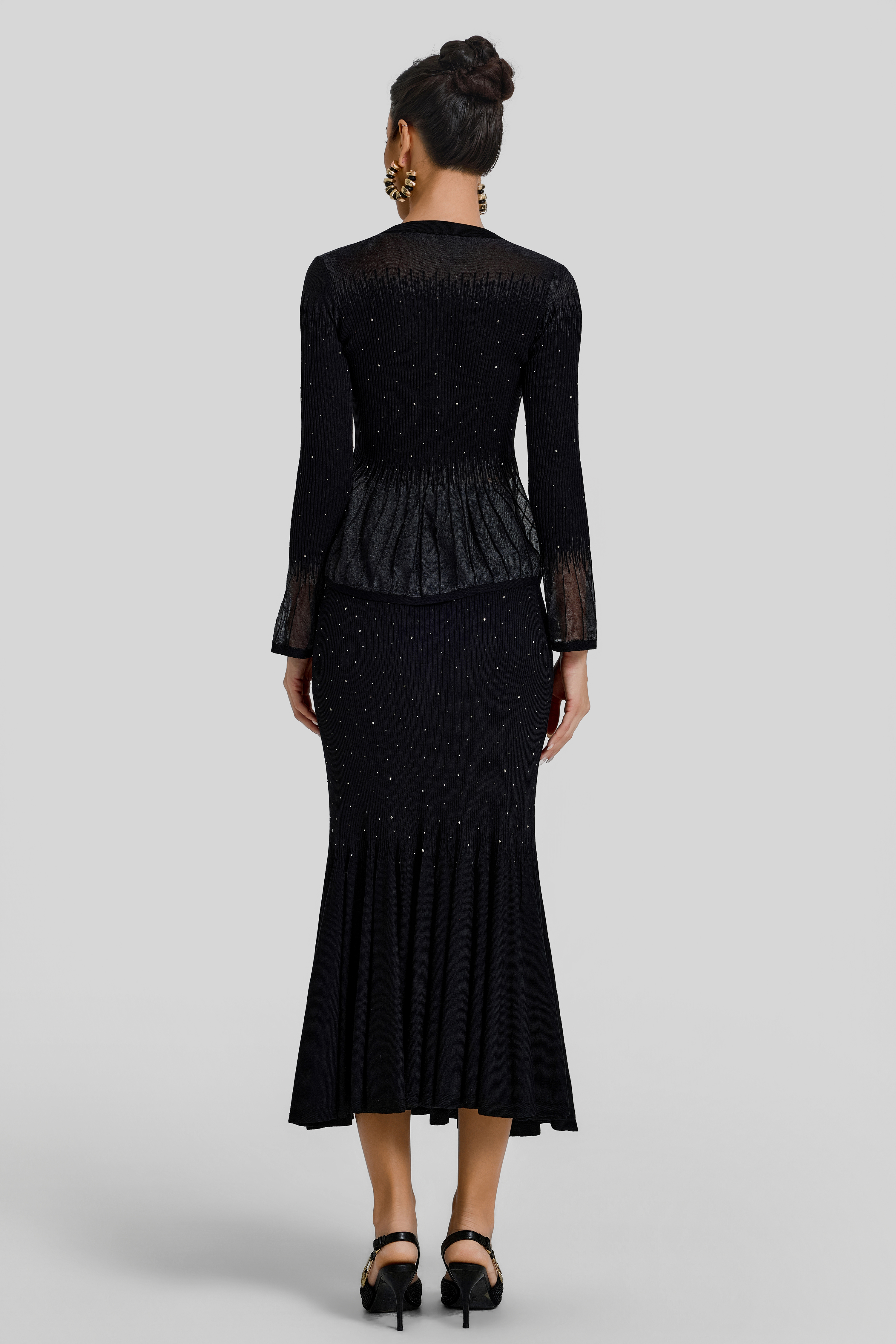 Rhinestone Ruffle Cardigan & High Waist Midi Skirt Set