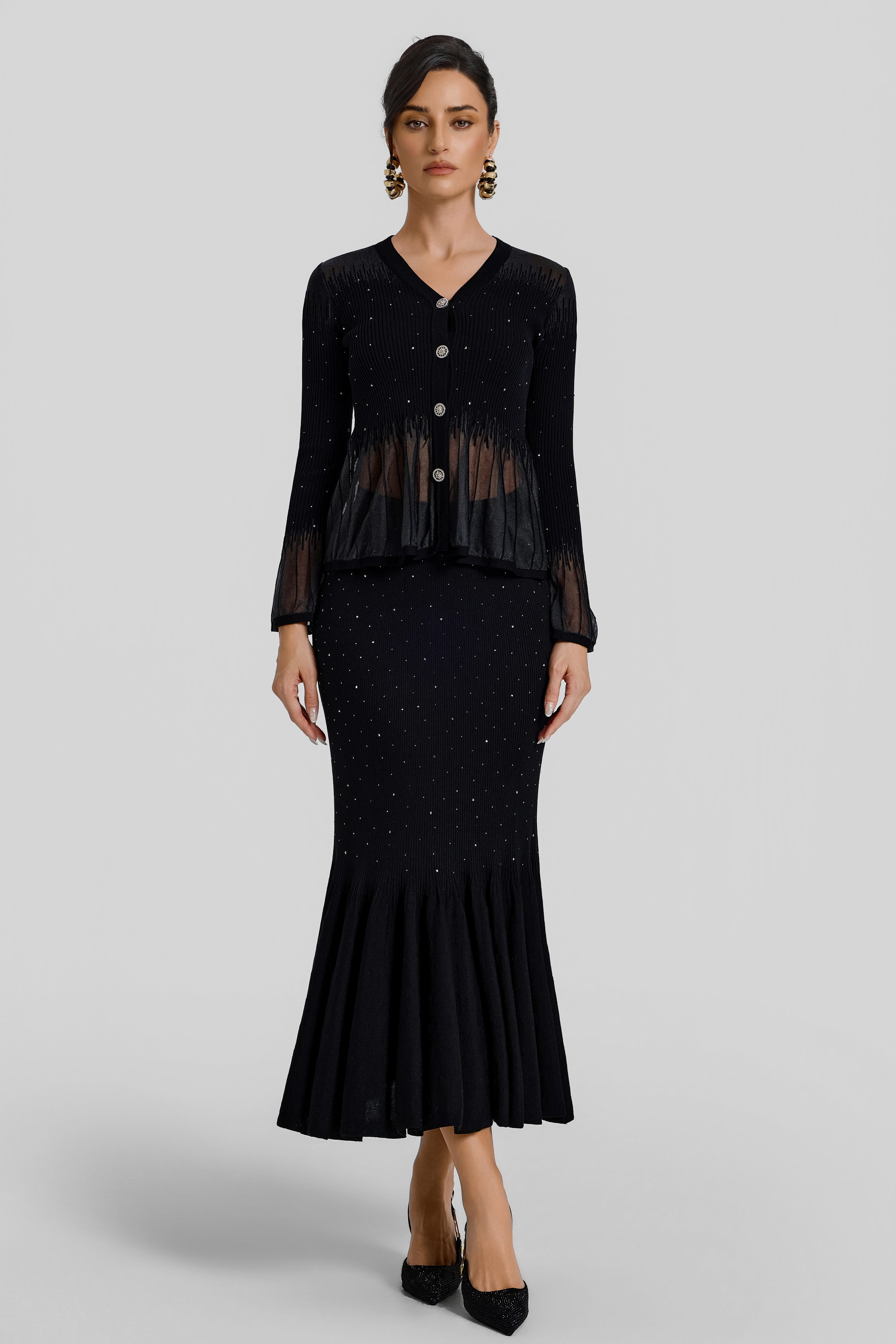 Rhinestone Ruffle Cardigan & High Waist Midi Skirt Set