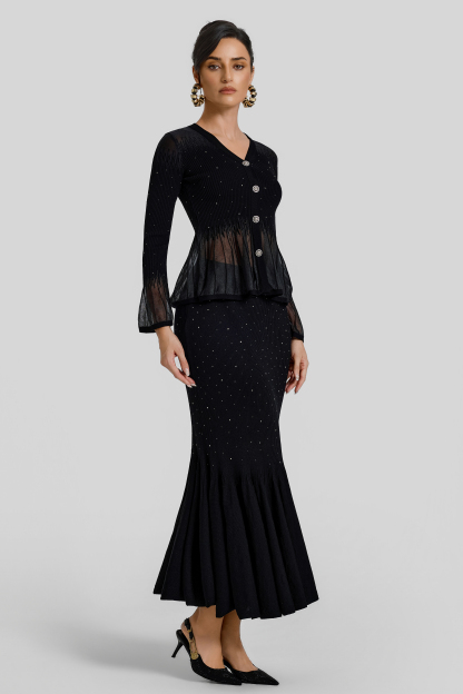 Rhinestone Ruffle Cardigan & High Waist Midi Skirt Set