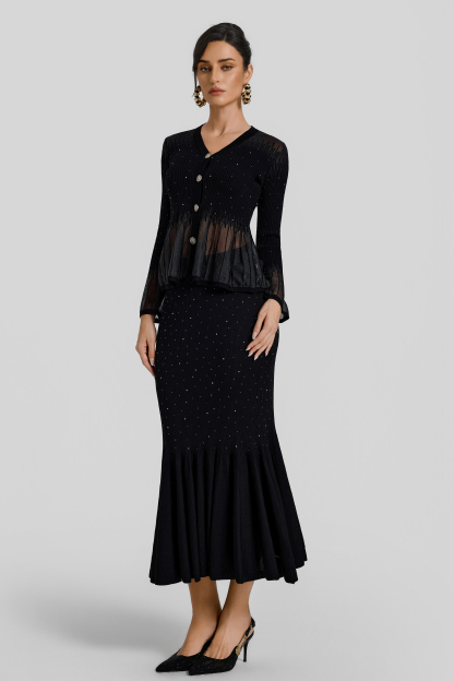 Rhinestone Ruffle Cardigan & High Waist Midi Skirt Set