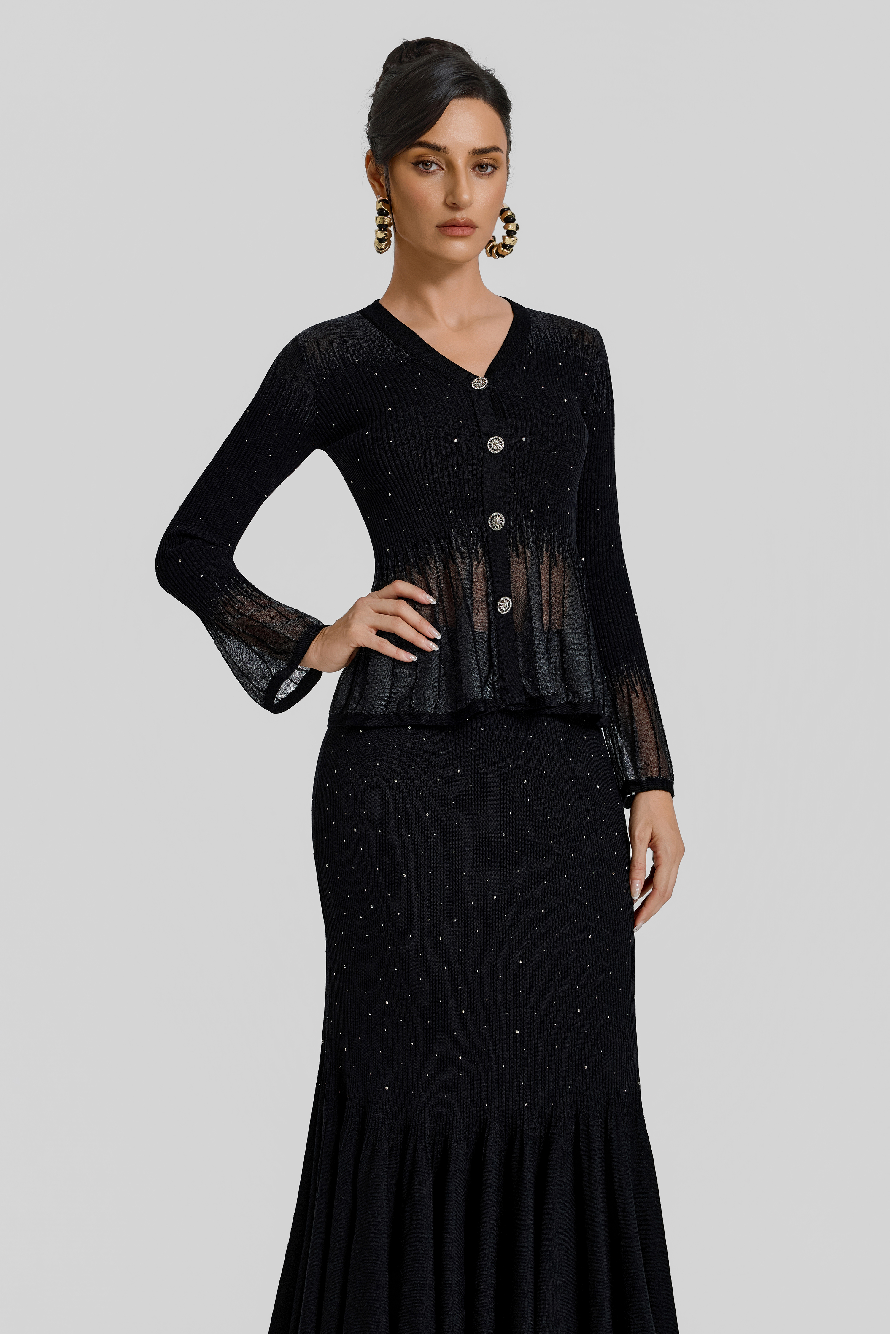 Rhinestone Ruffle Cardigan & High Waist Midi Skirt Set