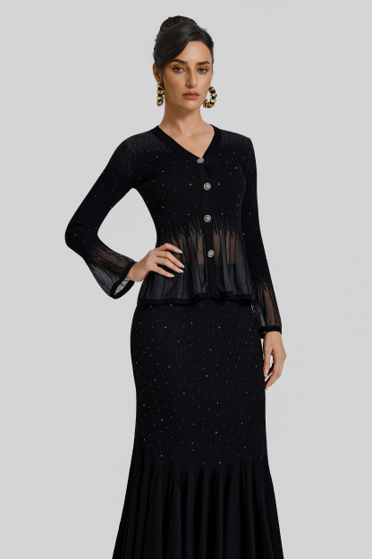 Rhinestone Ruffle Cardigan & High Waist Midi Skirt Set