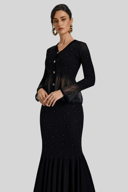 Rhinestone Ruffle Cardigan & High Waist Midi Skirt Set