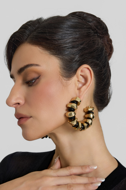 Hammered Gold Black Beaded C Hoop Earrings