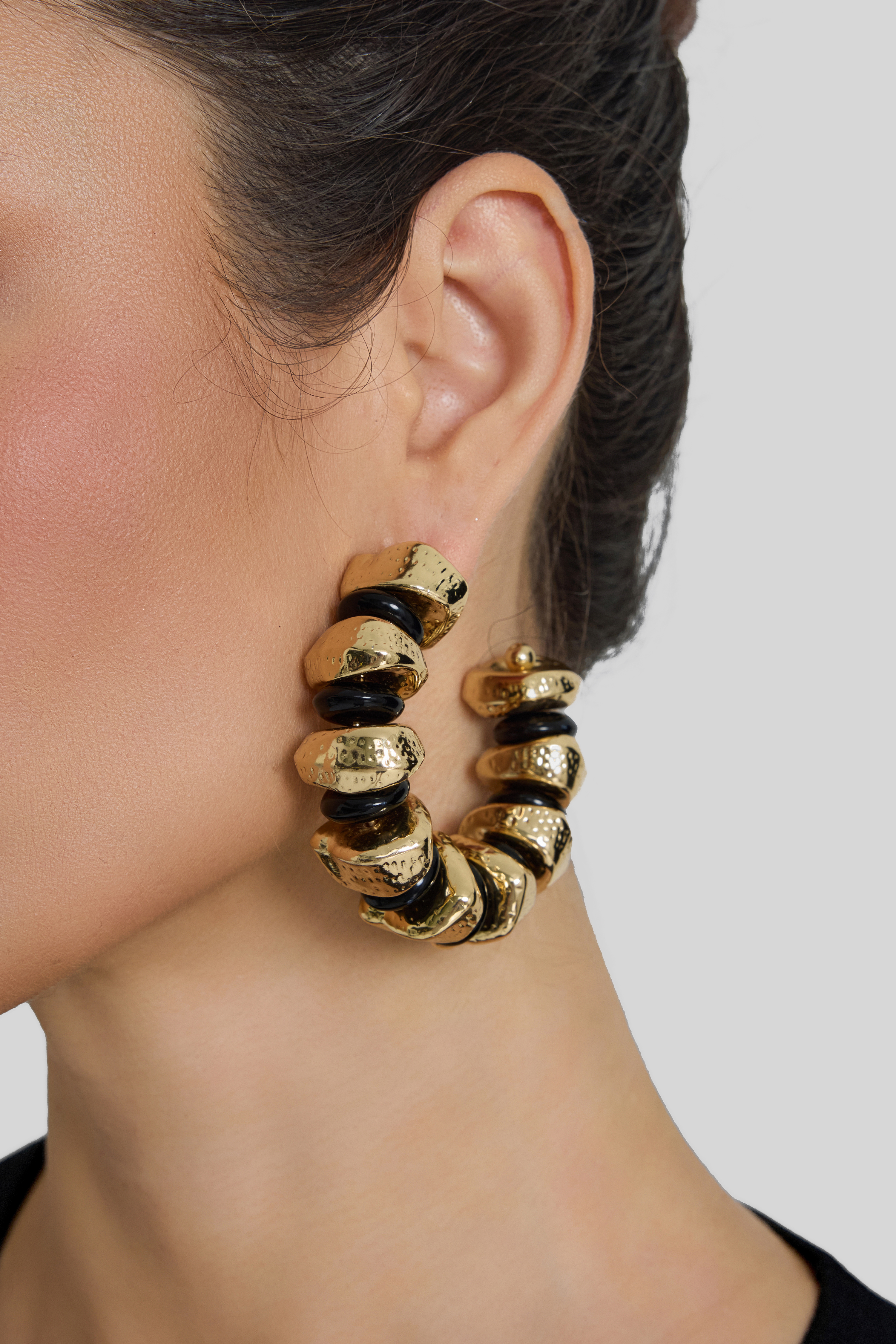 Hammered Gold Black Beaded C Hoop Earrings