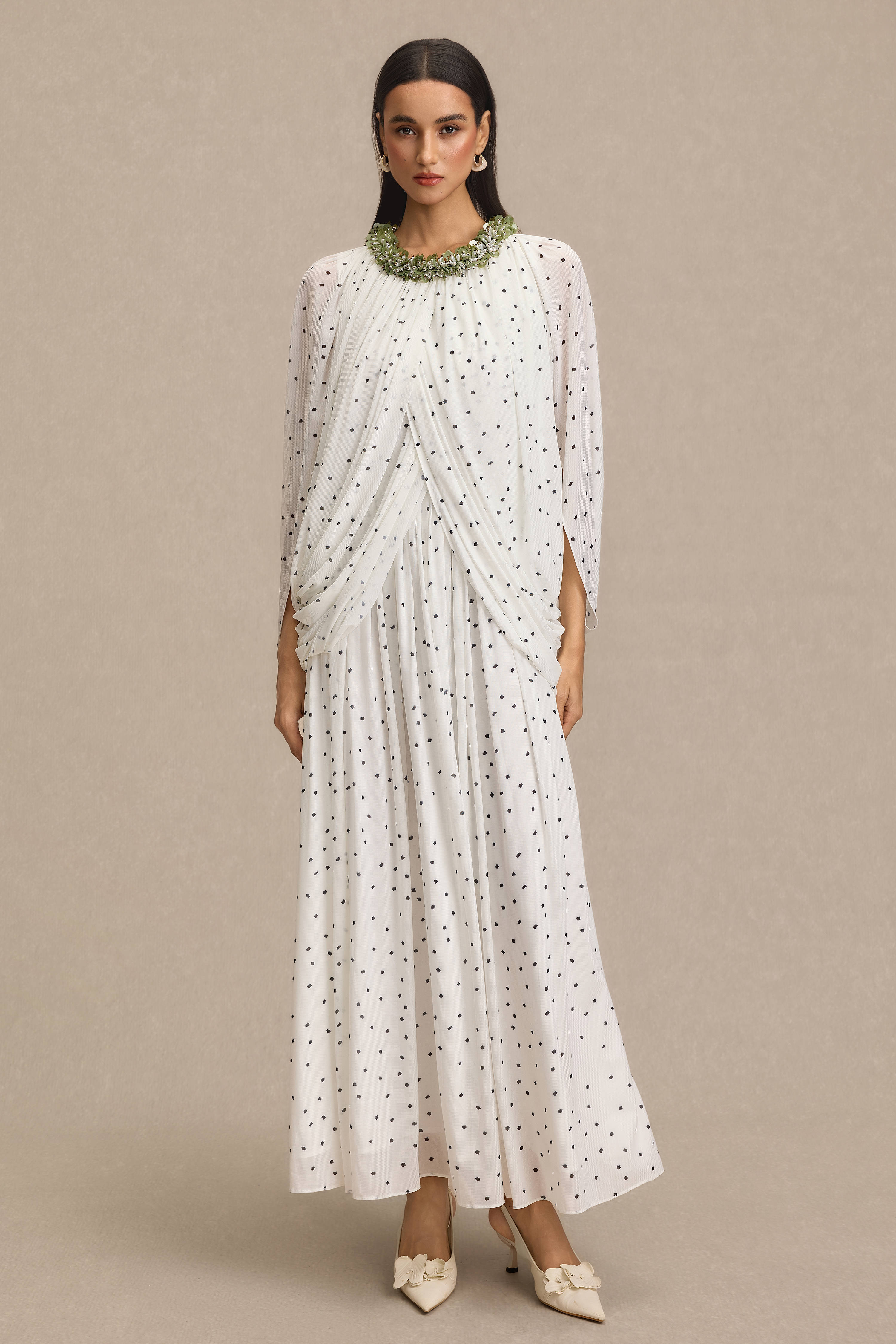 Beaded Polka Dot Cape Sleeve Midi Dress