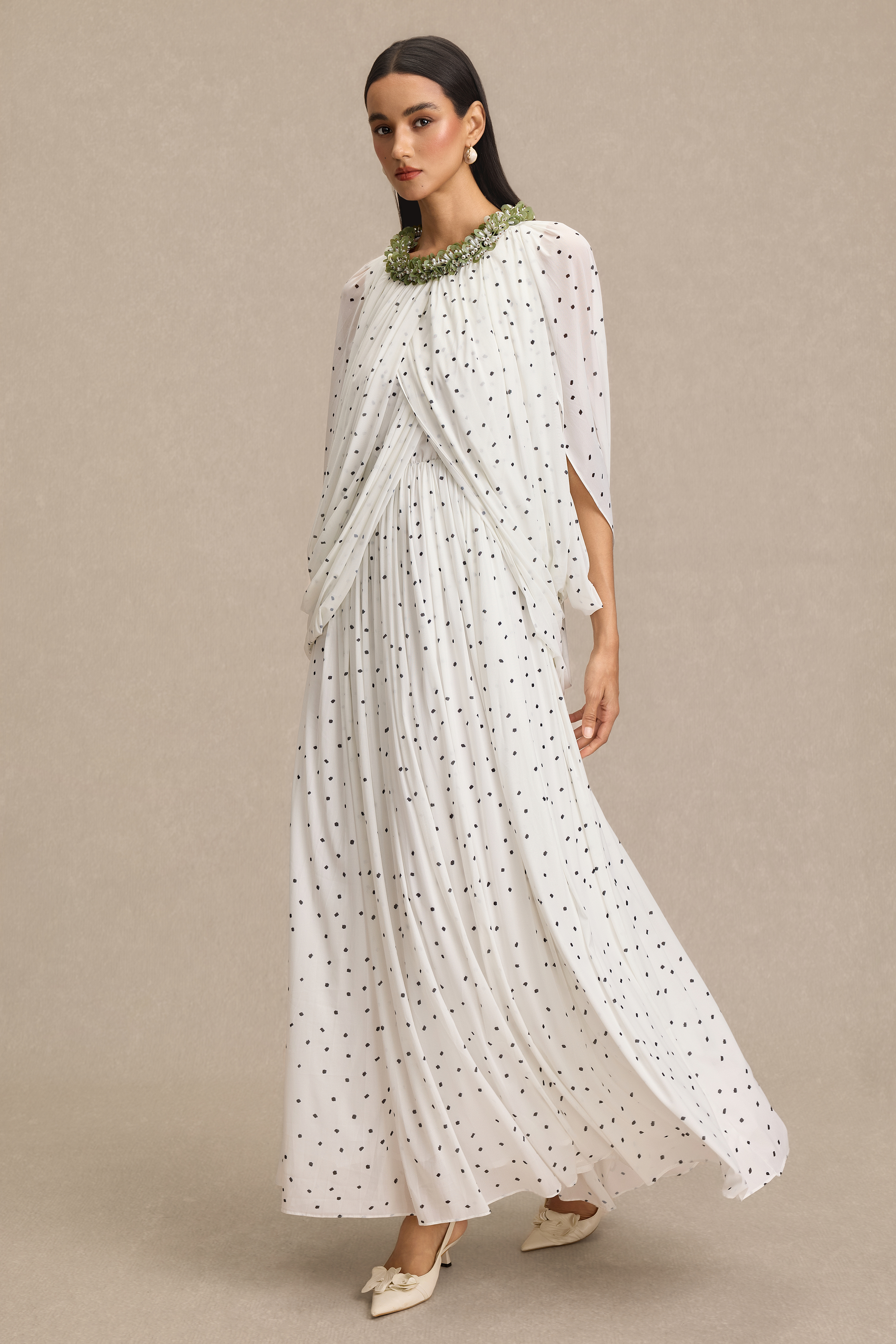 Beaded Polka Dot Cape Sleeve Midi Dress