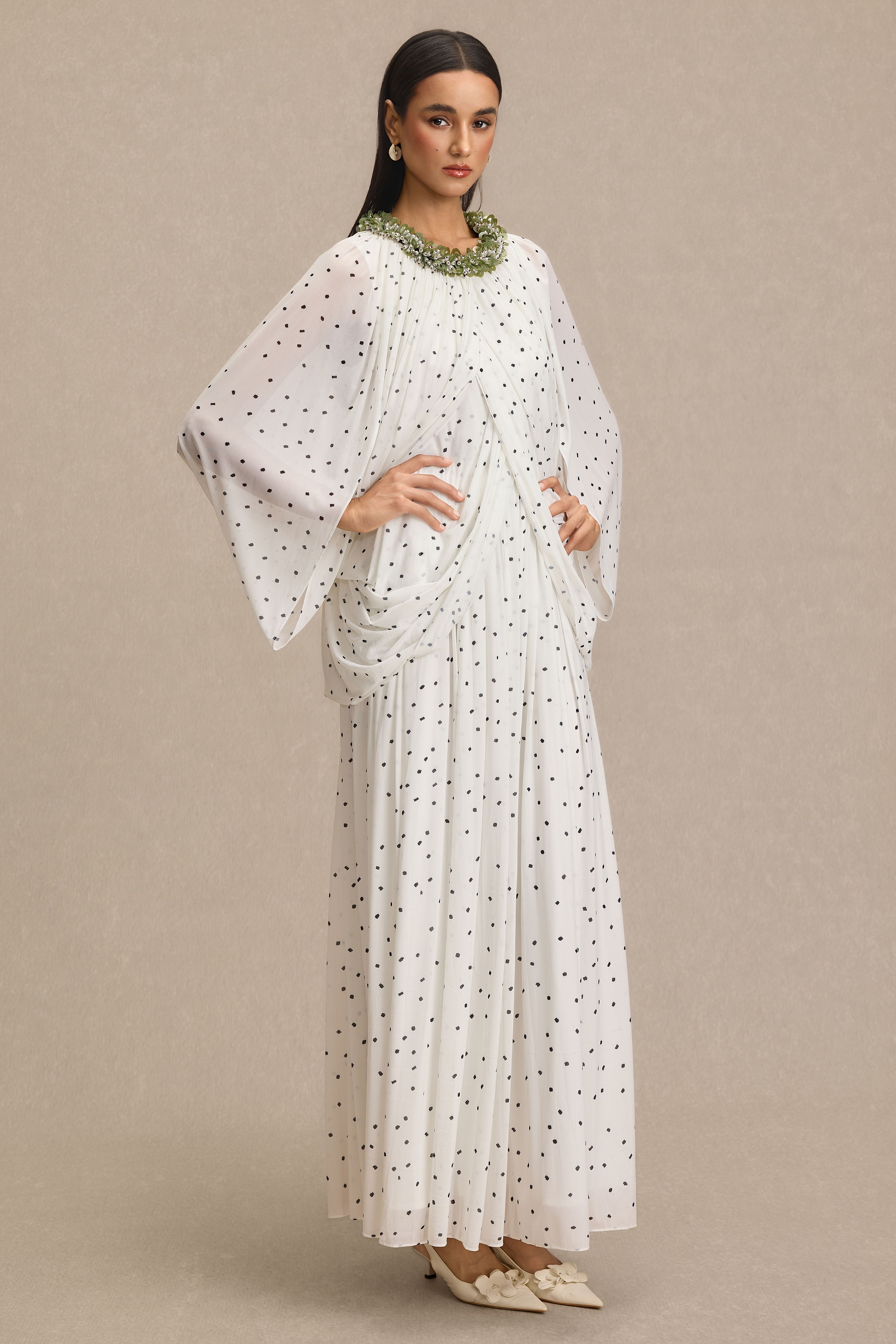 Beaded Polka Dot Cape Sleeve Midi Dress