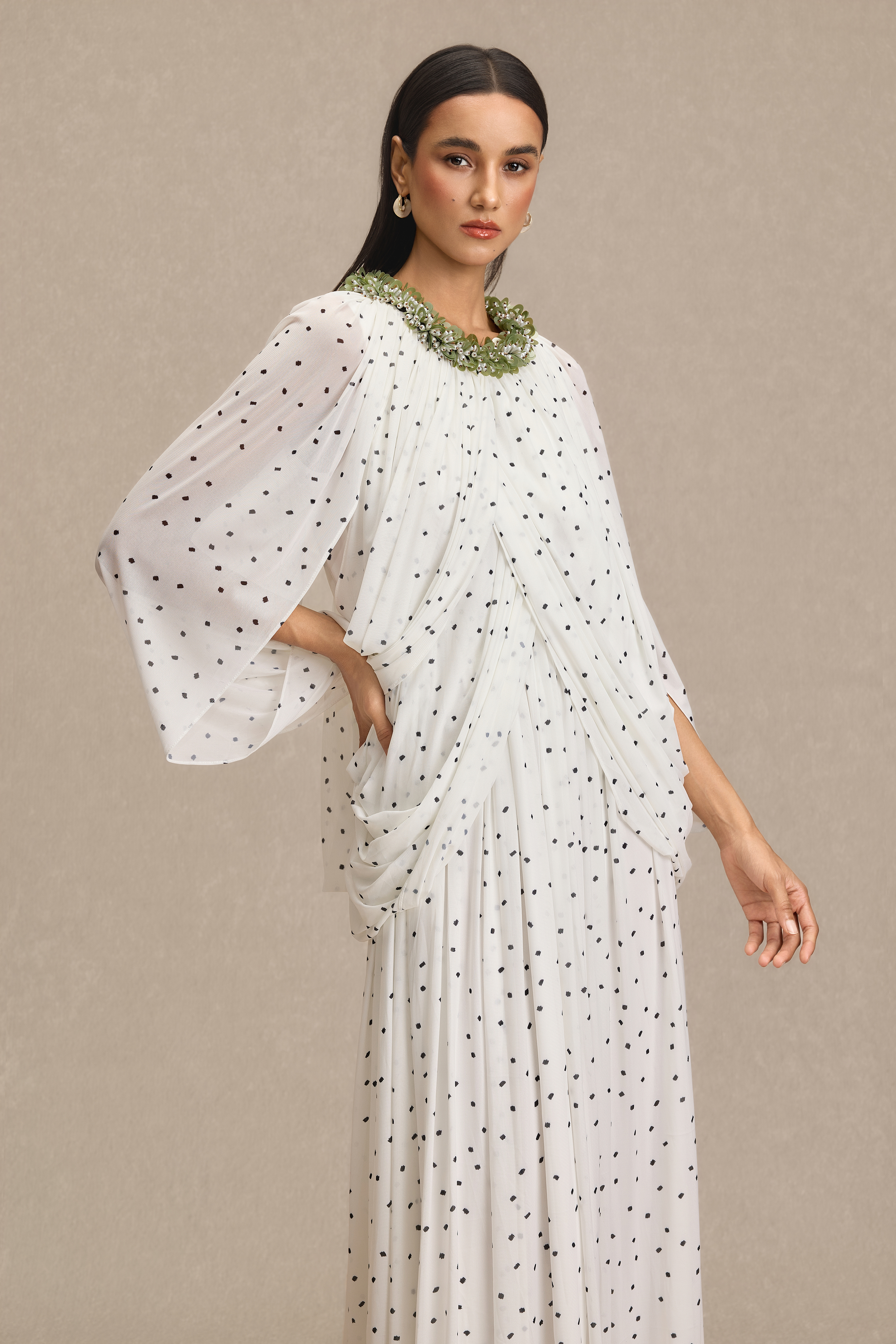 Beaded Polka Dot Cape Sleeve Midi Dress