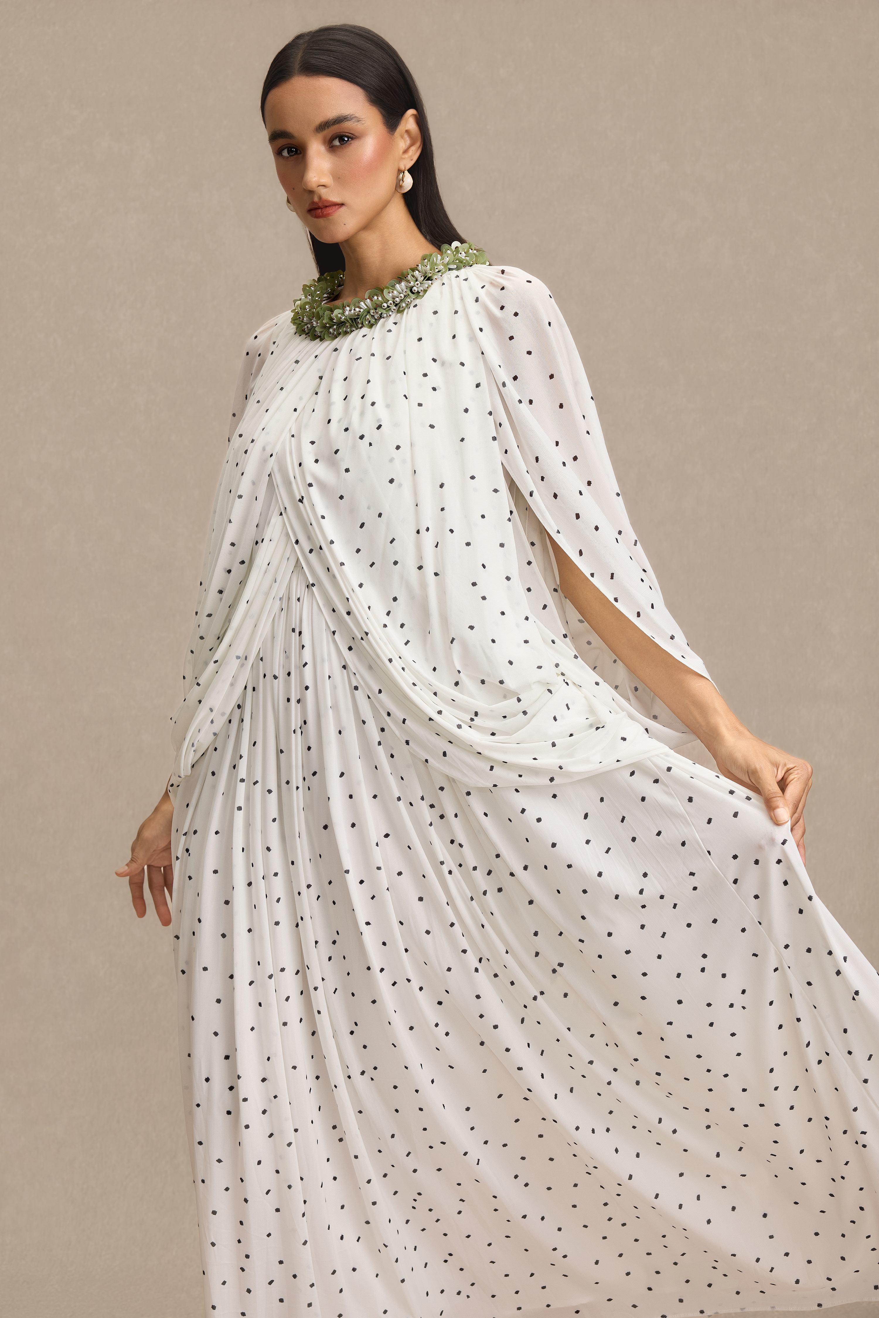 Beaded Polka Dot Cape Sleeve Midi Dress