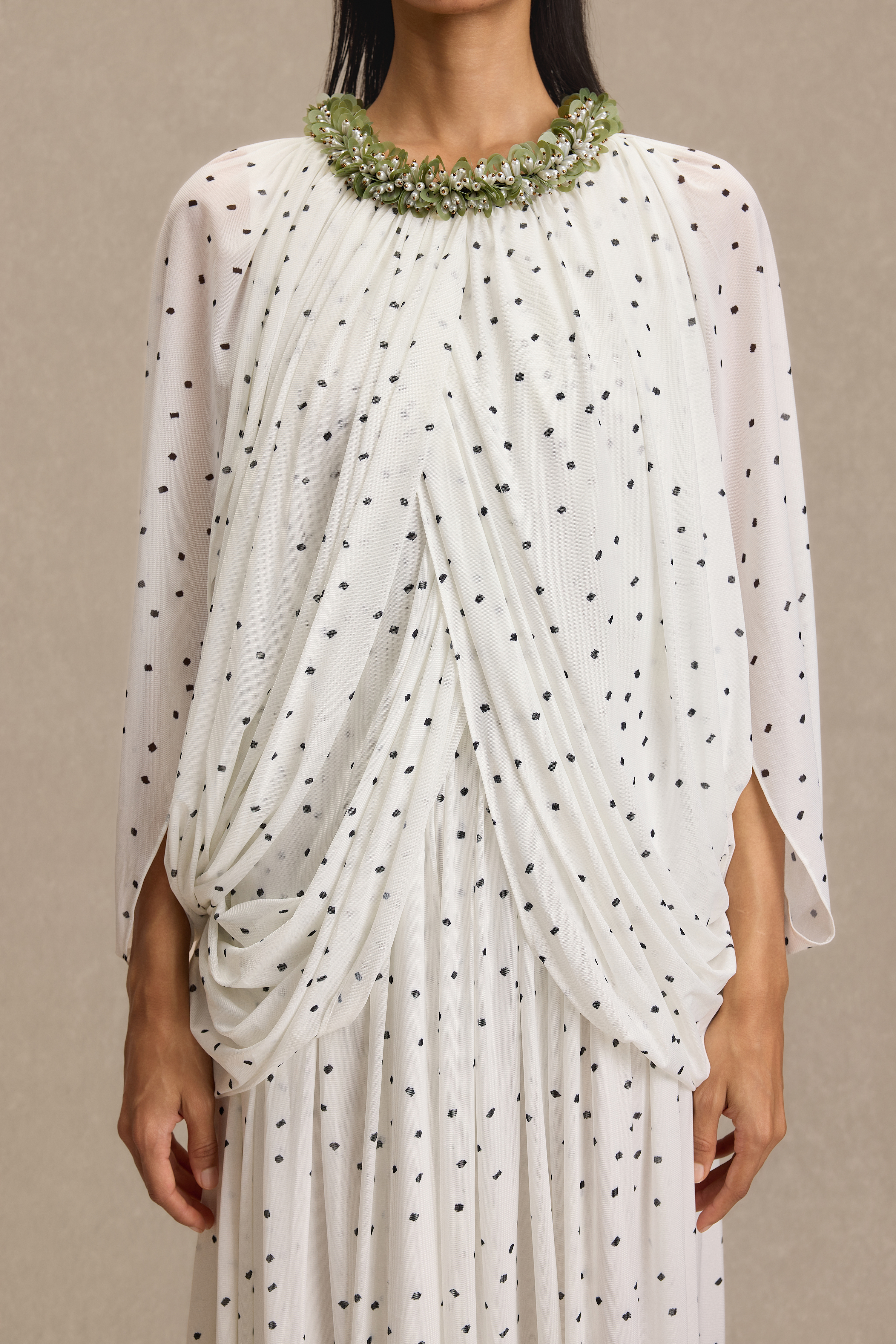 Beaded Polka Dot Cape Sleeve Midi Dress
