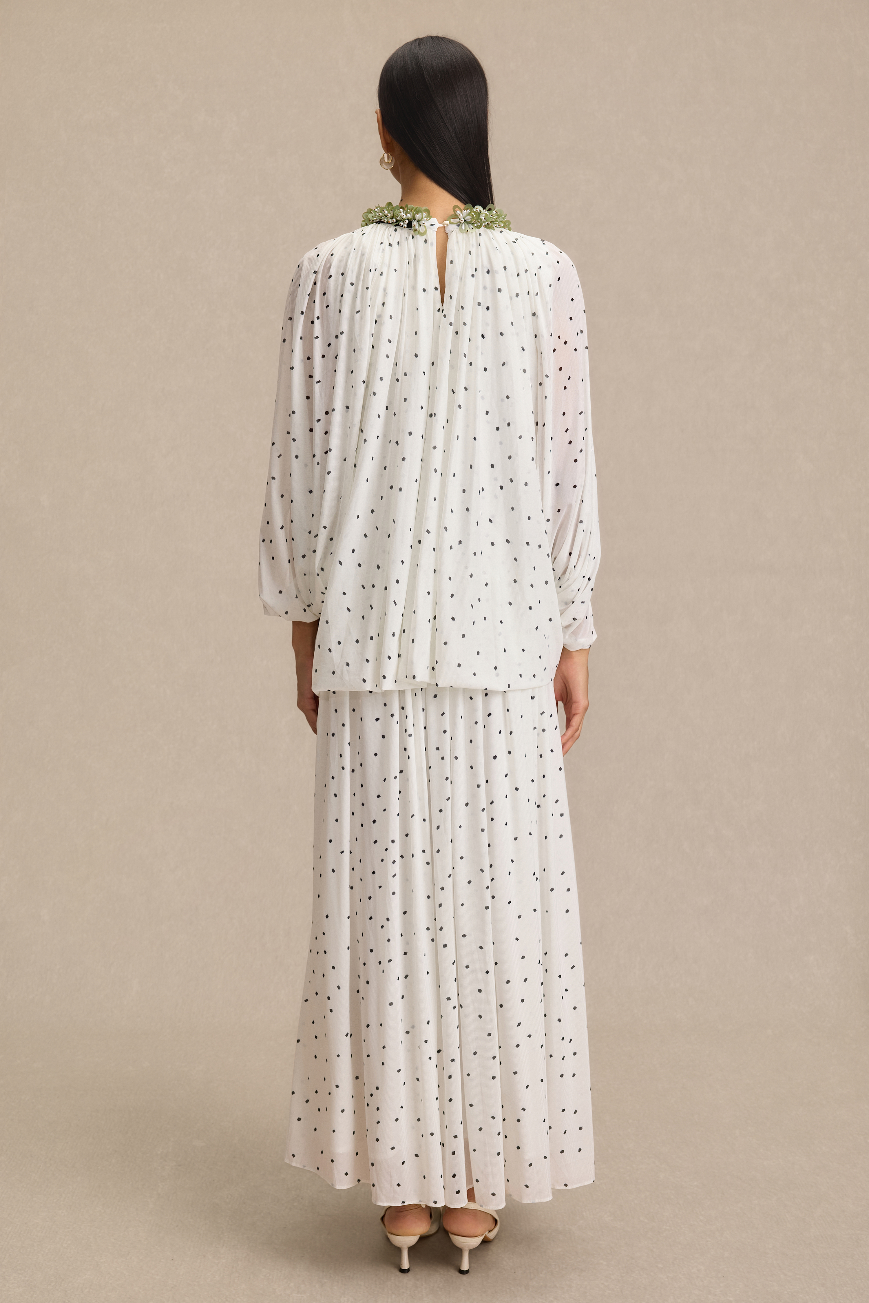 Beaded Polka Dot Cape Sleeve Midi Dress