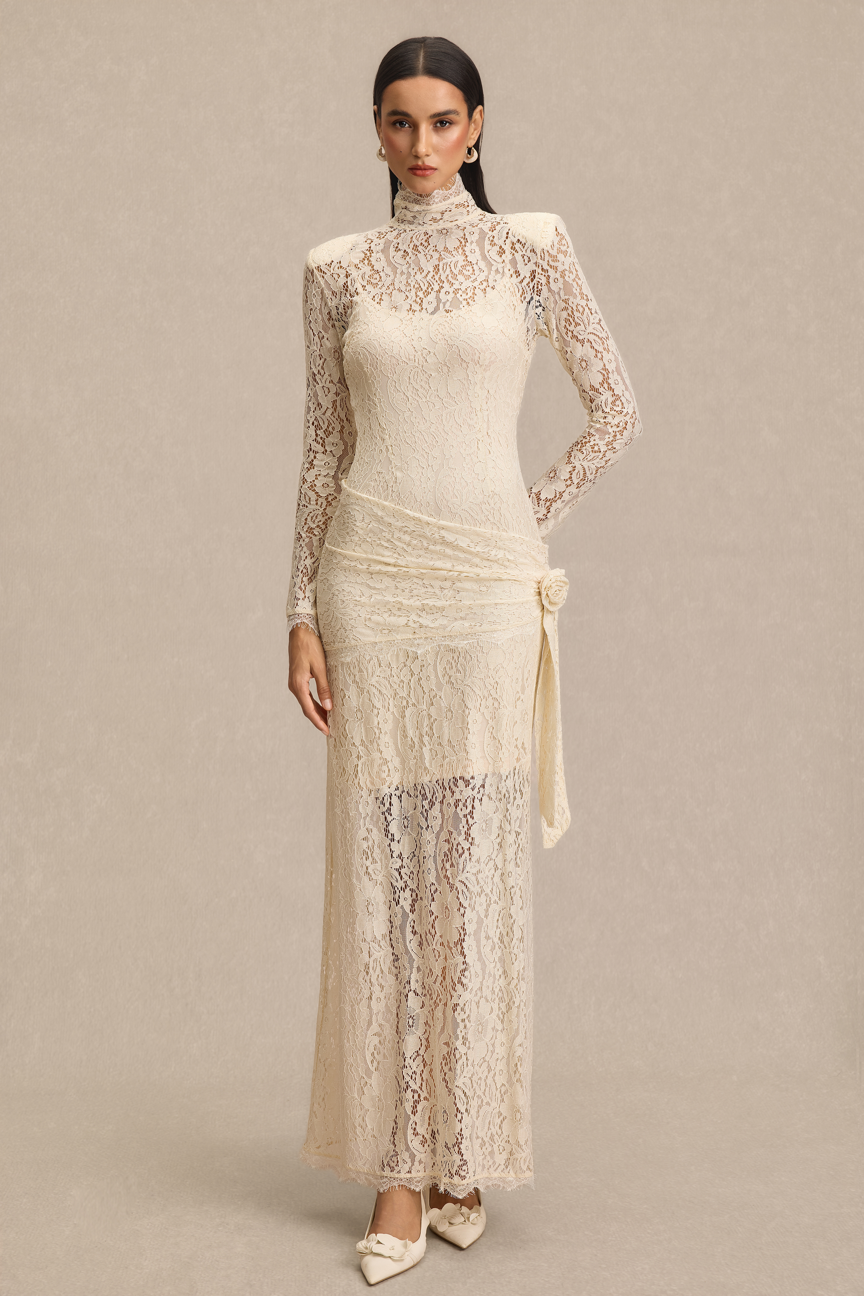 Lace 3D Flower High Neck Maxi Dress