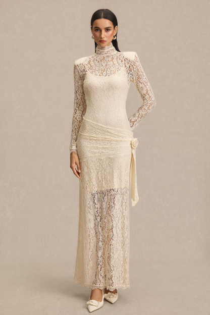 Lace 3D Flower High Neck Maxi Dress