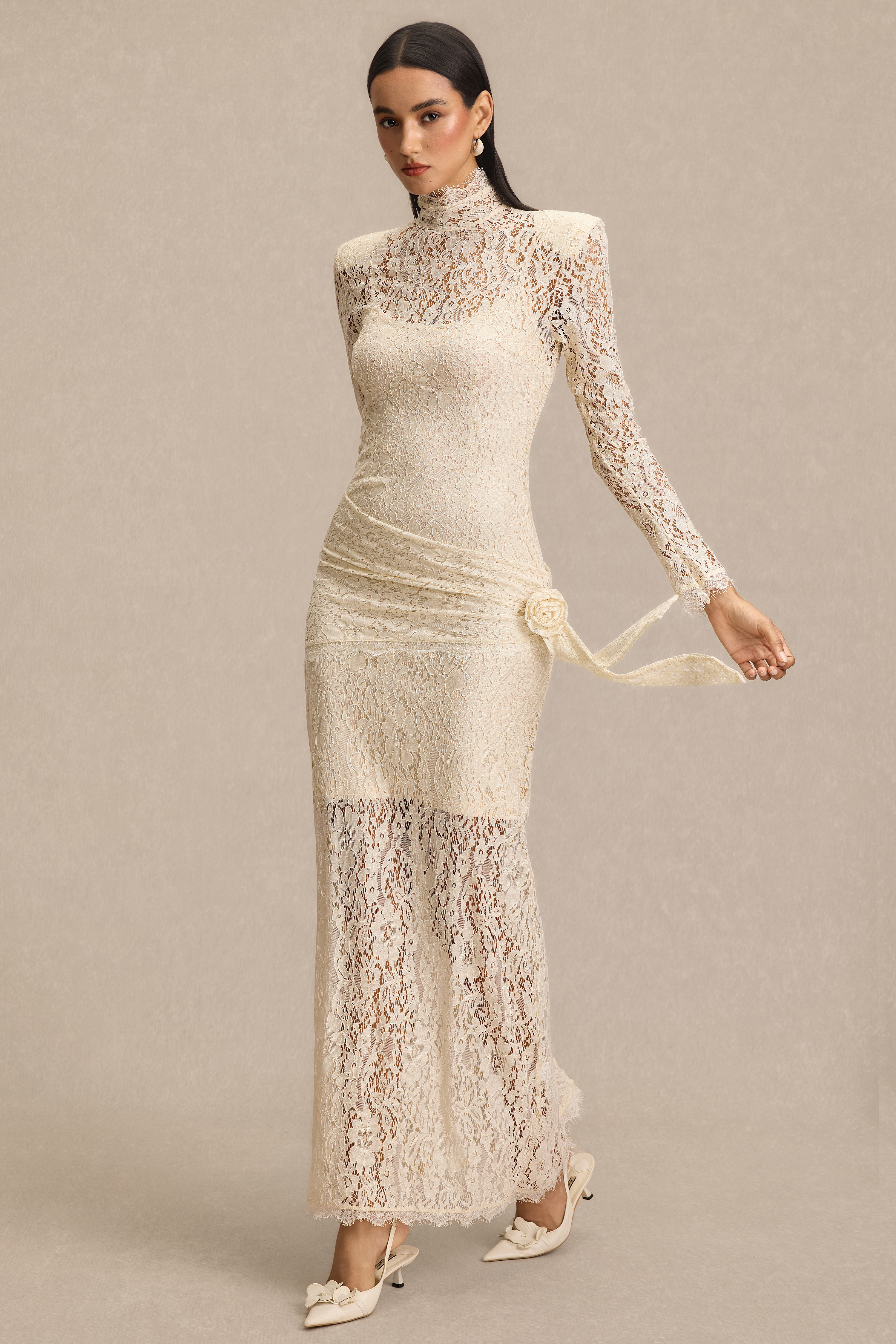 Lace 3D Flower High Neck Maxi Dress