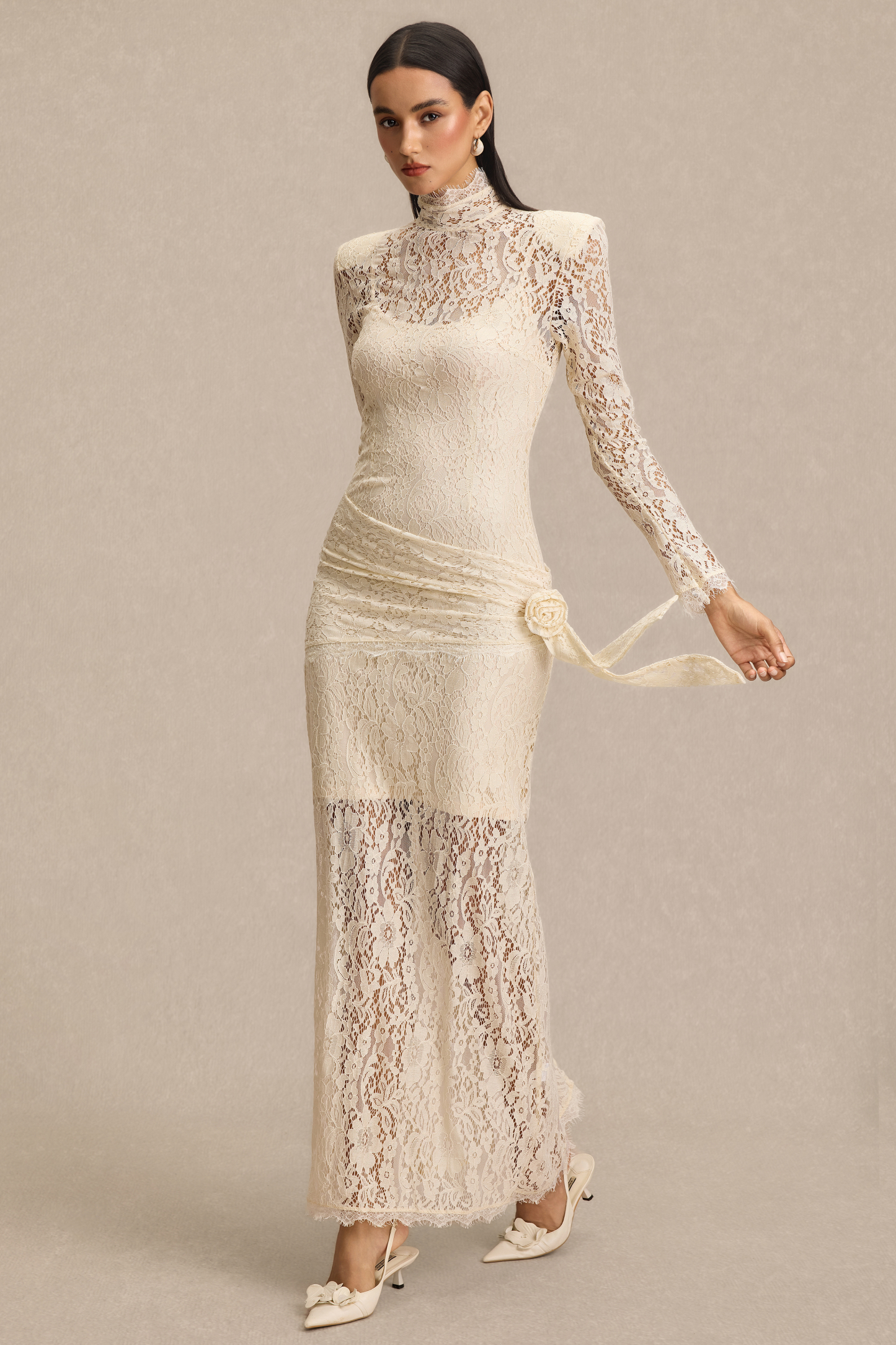 Lace 3D Flower High Neck Maxi Dress