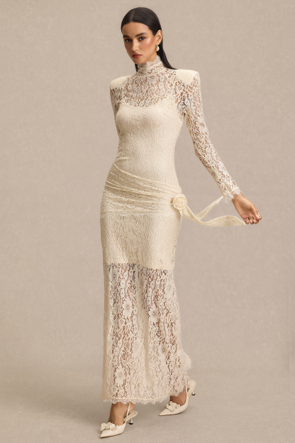 Lace 3D Flower High Neck Maxi Dress