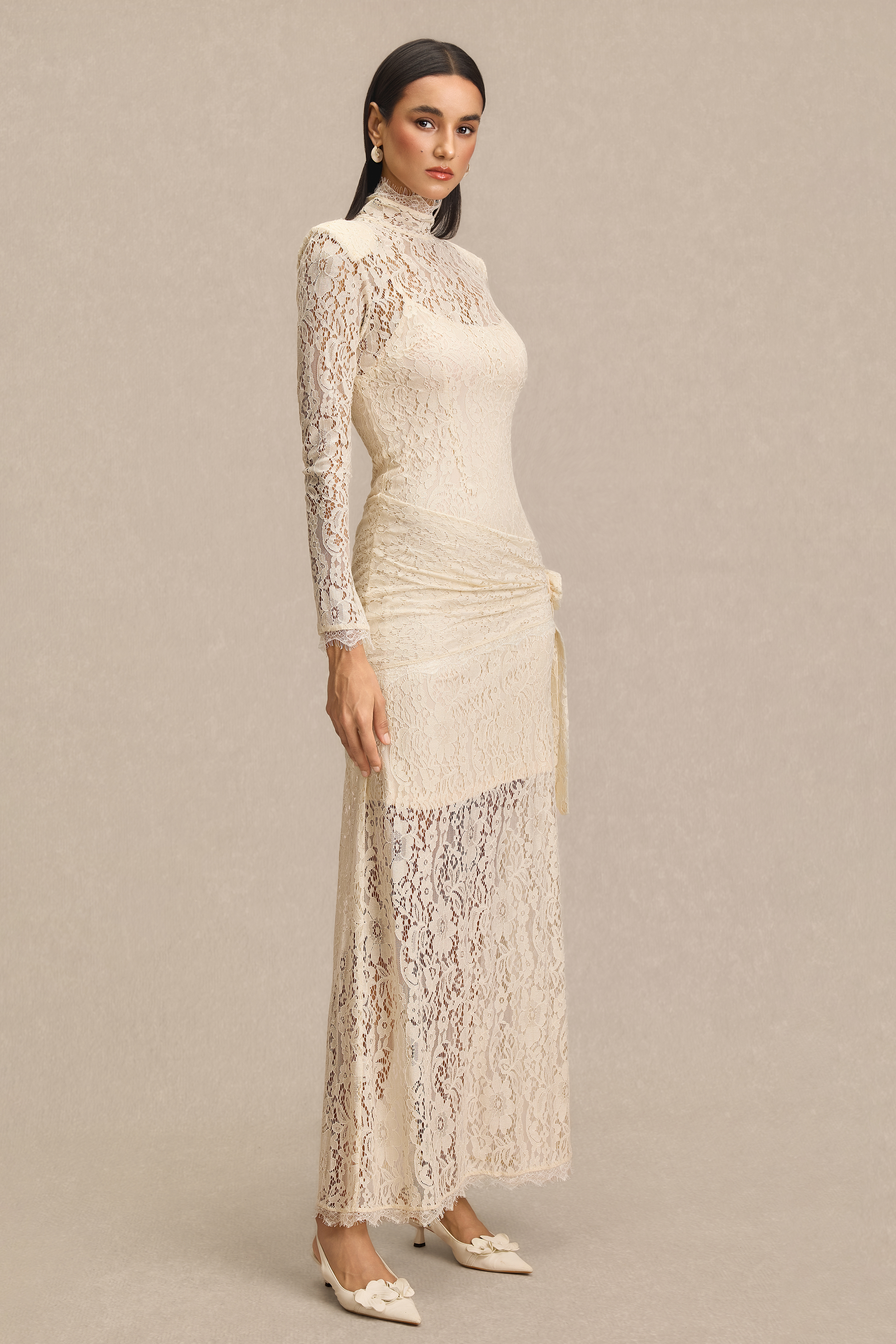 Lace 3D Flower High Neck Maxi Dress