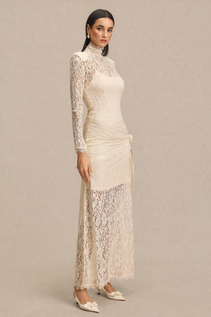 Lace 3D Flower High Neck Maxi Dress