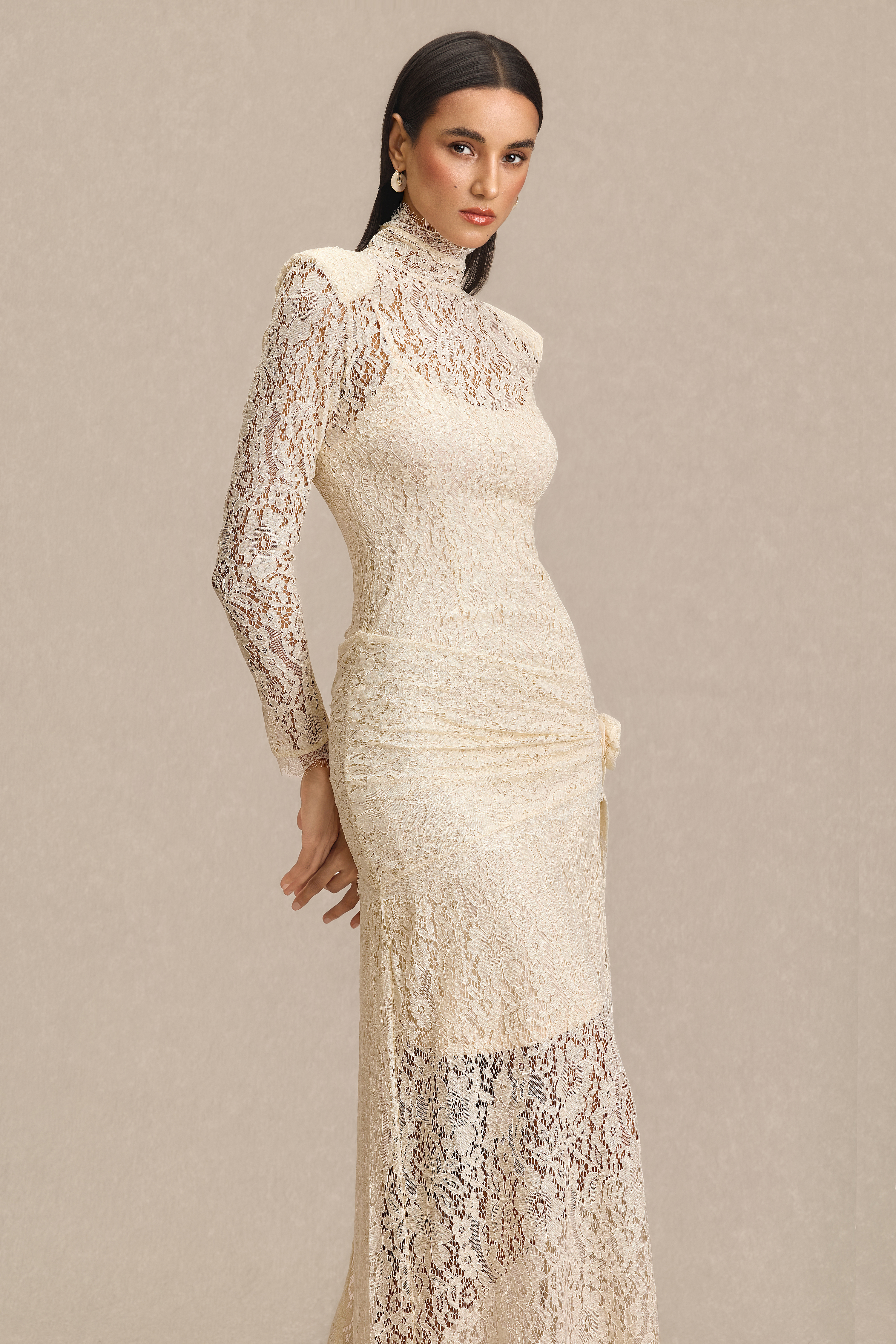 Lace 3D Flower High Neck Maxi Dress