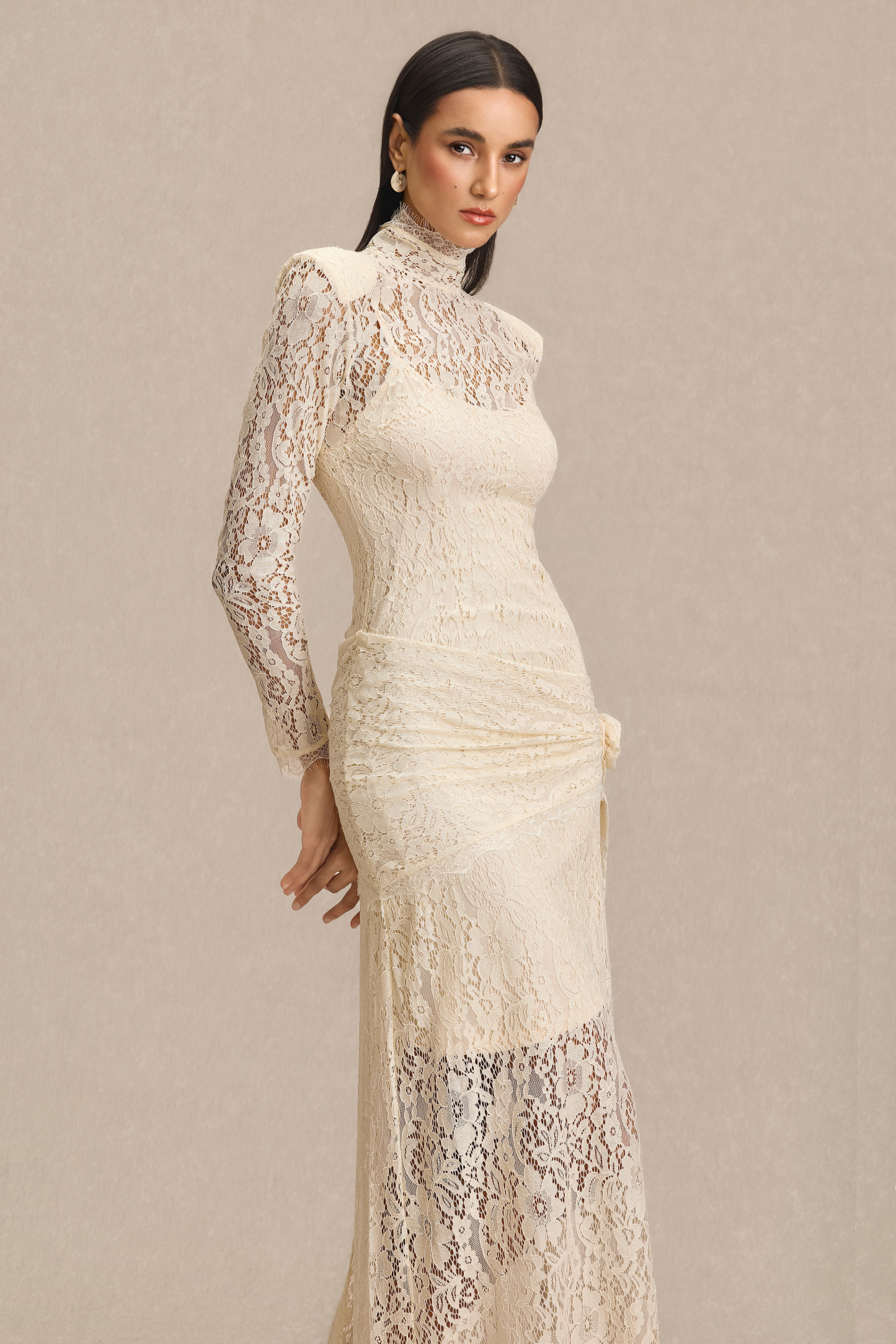 Lace 3D Flower High Neck Maxi Dress