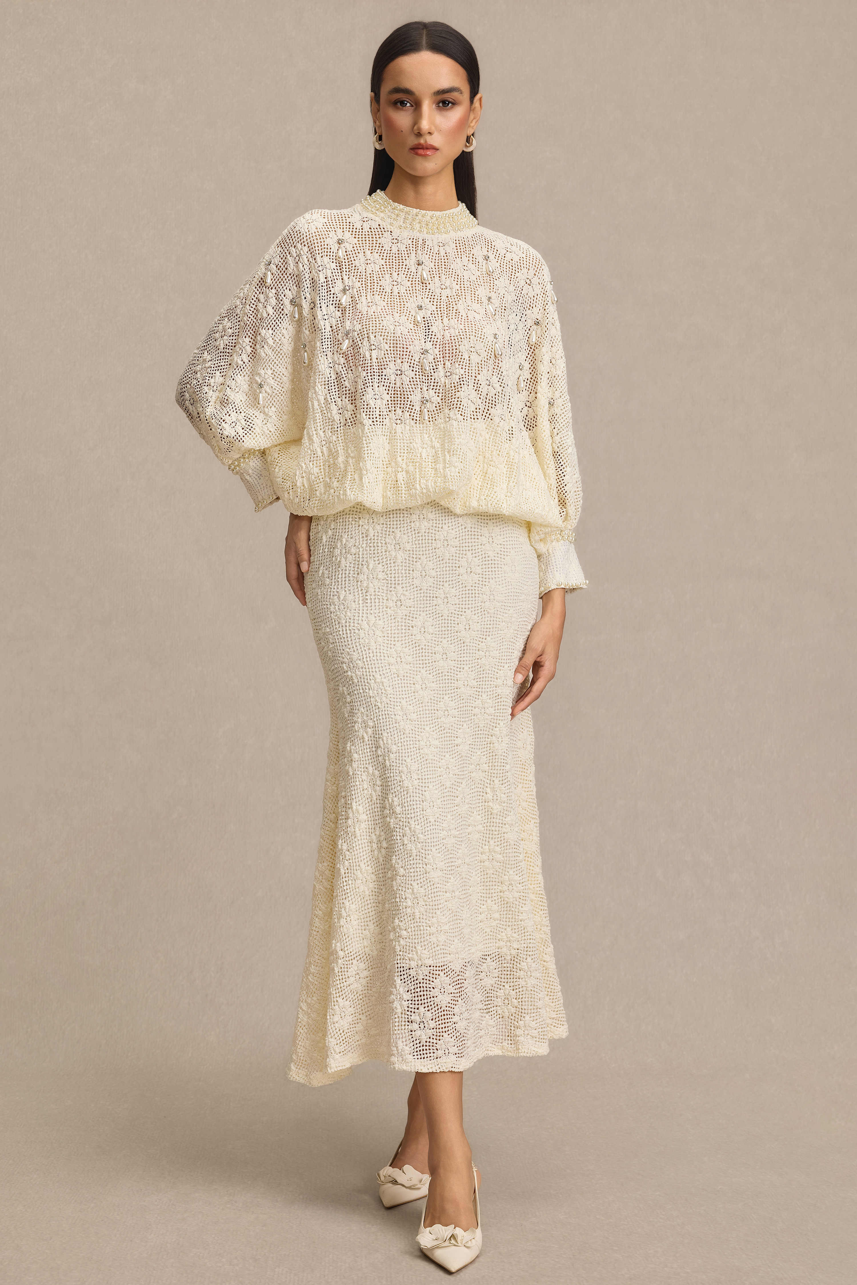 Faux Pearl Decorations Top & High Waist Midi Skirt Set