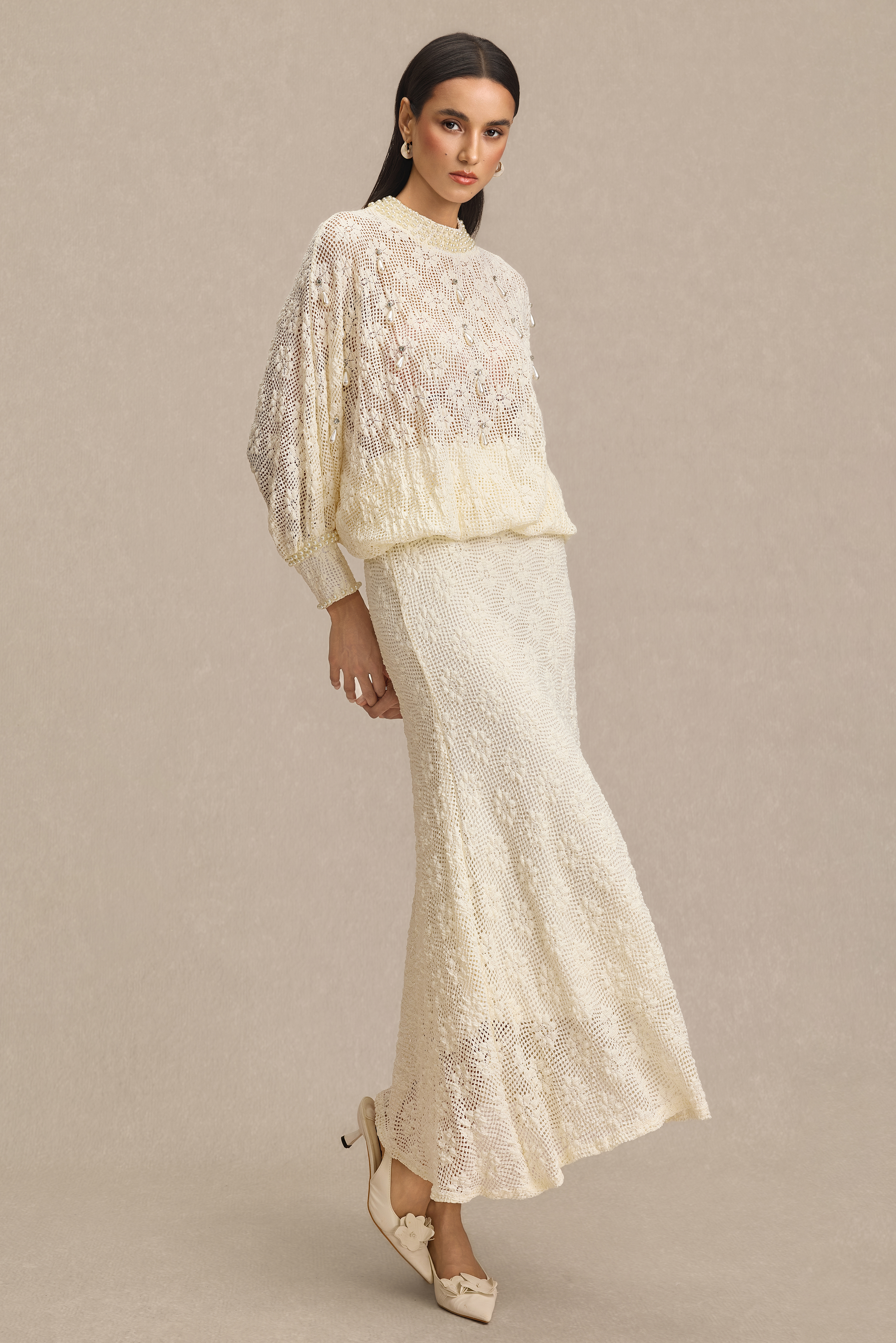 Faux Pearl Decorations Top & High Waist Midi Skirt Set