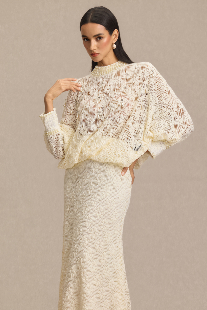 Faux Pearl Decorations Top & High Waist Midi Skirt Set
