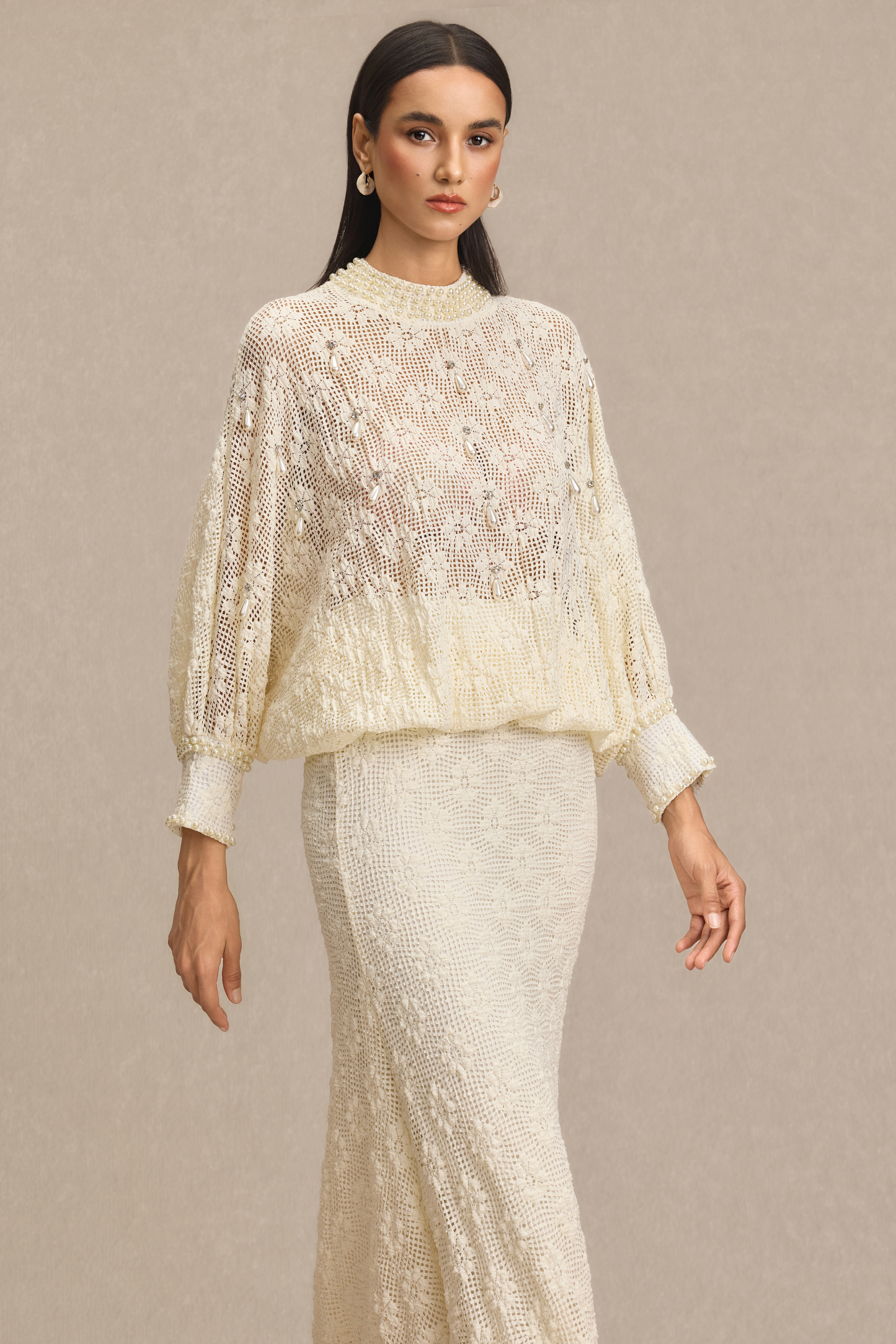 Faux Pearl Decorations Top & High Waist Midi Skirt Set
