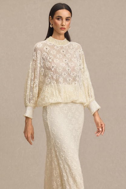 Faux Pearl Decorations Top & High Waist Midi Skirt Set