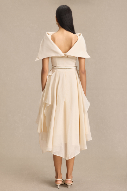 Solid Ruffle Midi Dress With Cape