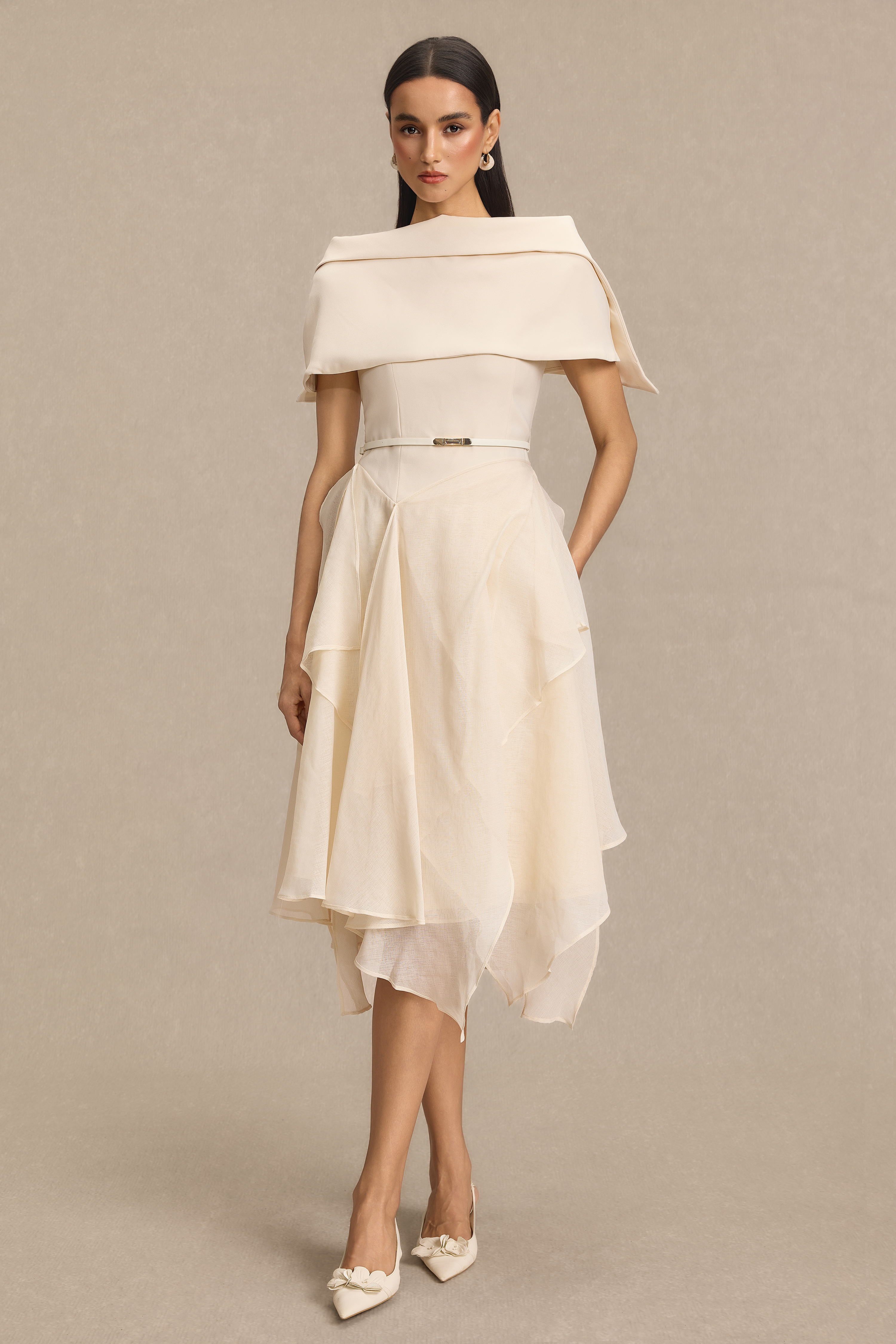 Solid Ruffle Midi Dress With Cape