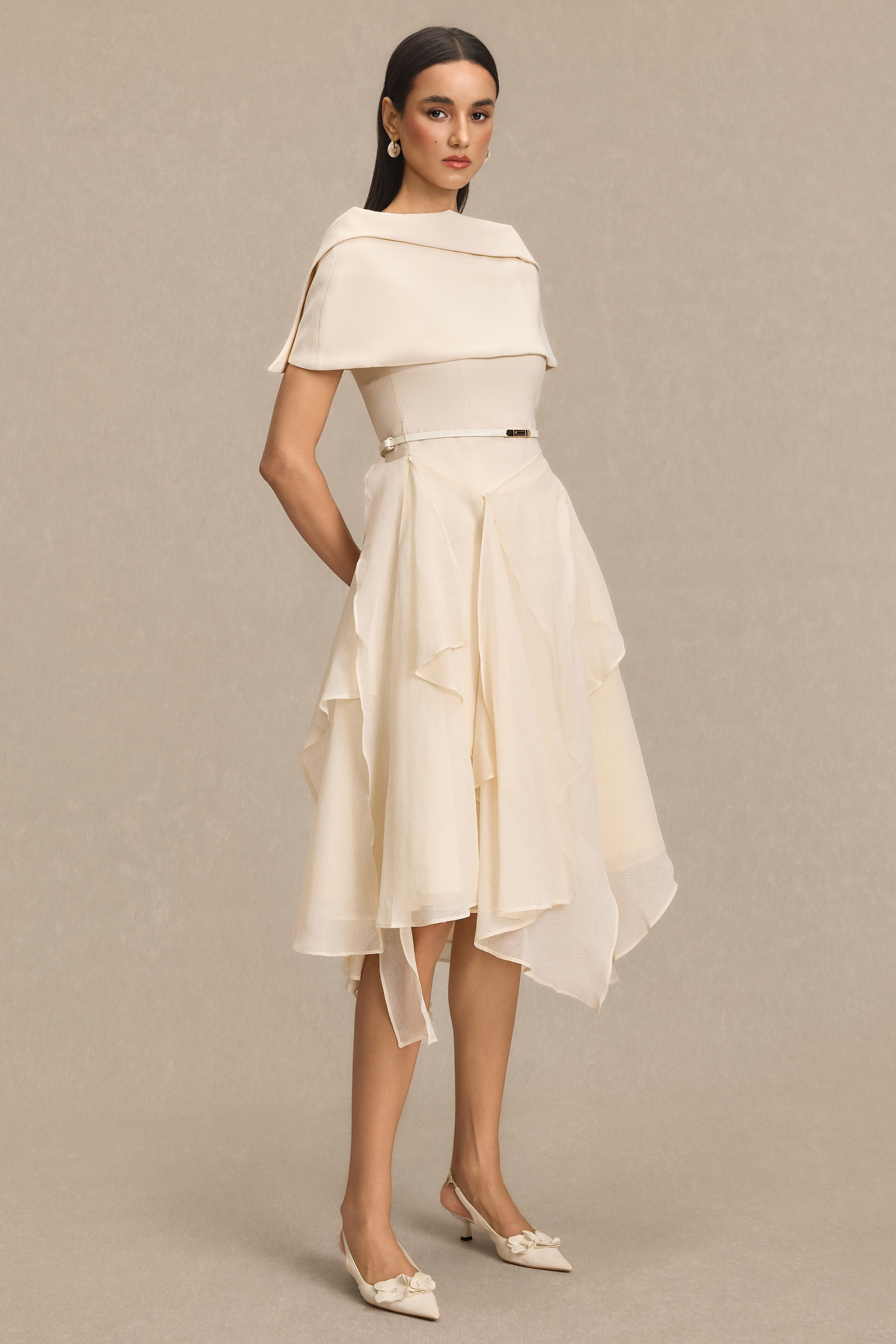 Solid Ruffle Midi Dress With Cape