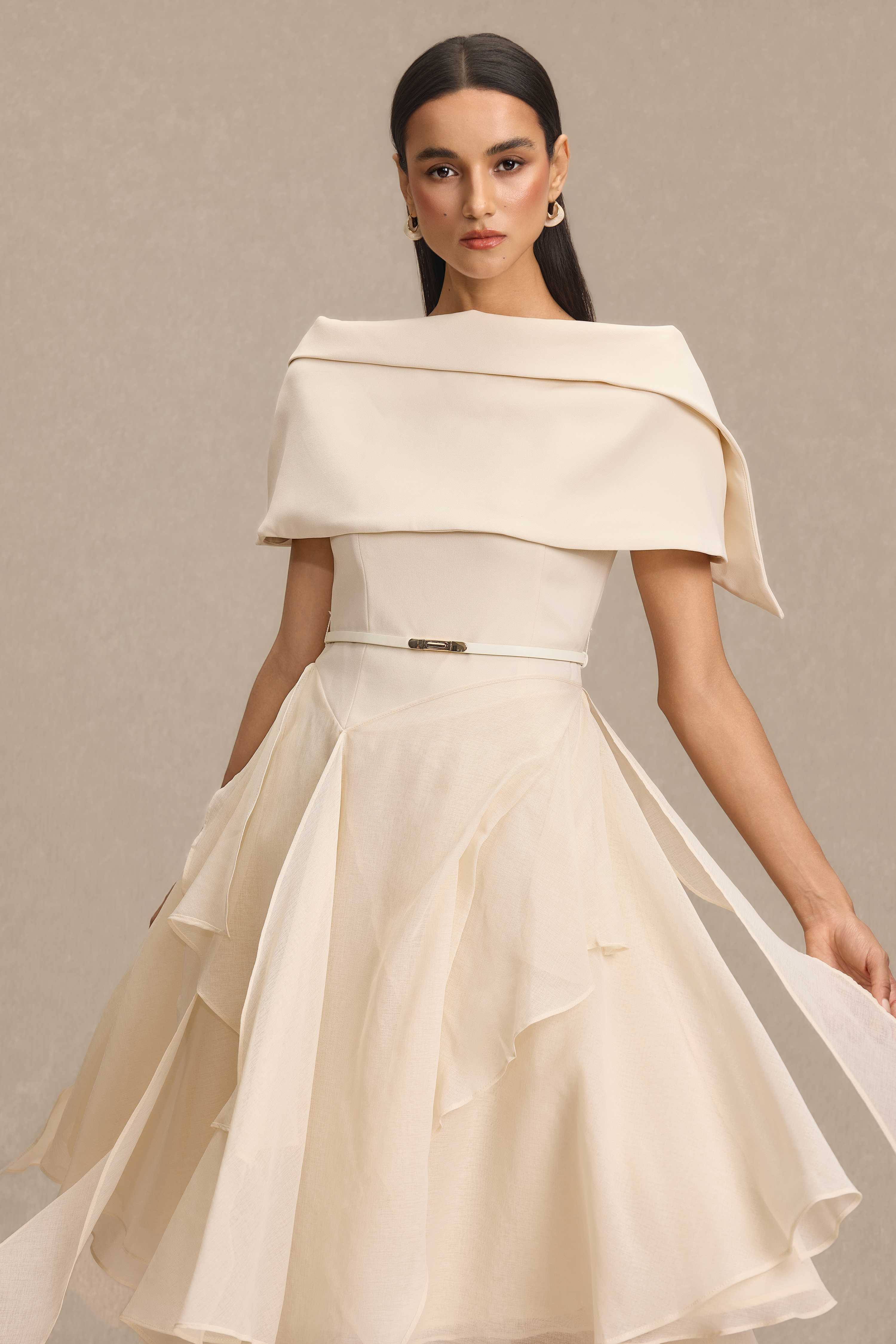 Solid Ruffle Midi Dress With Cape