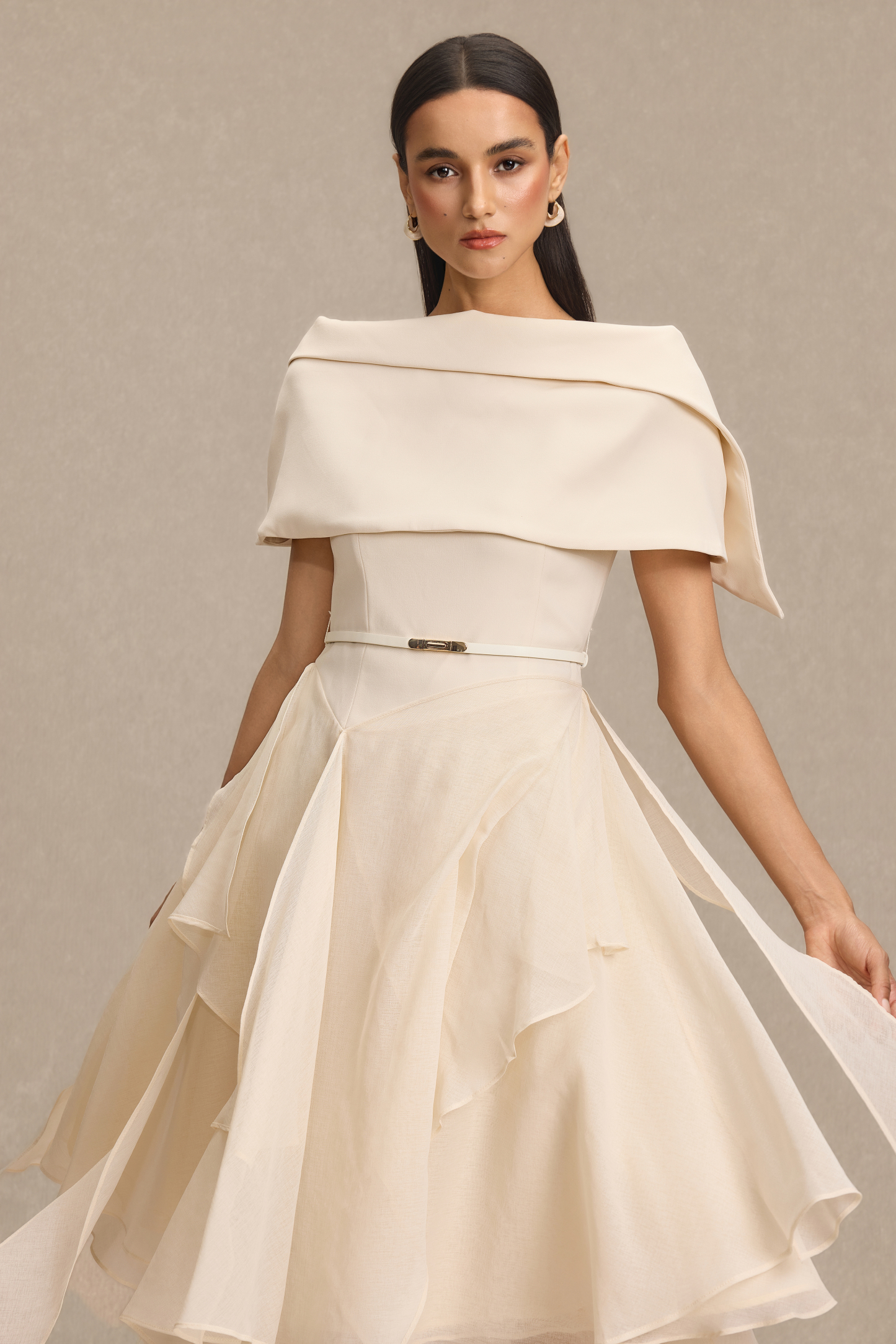 Solid Ruffle Midi Dress With Cape