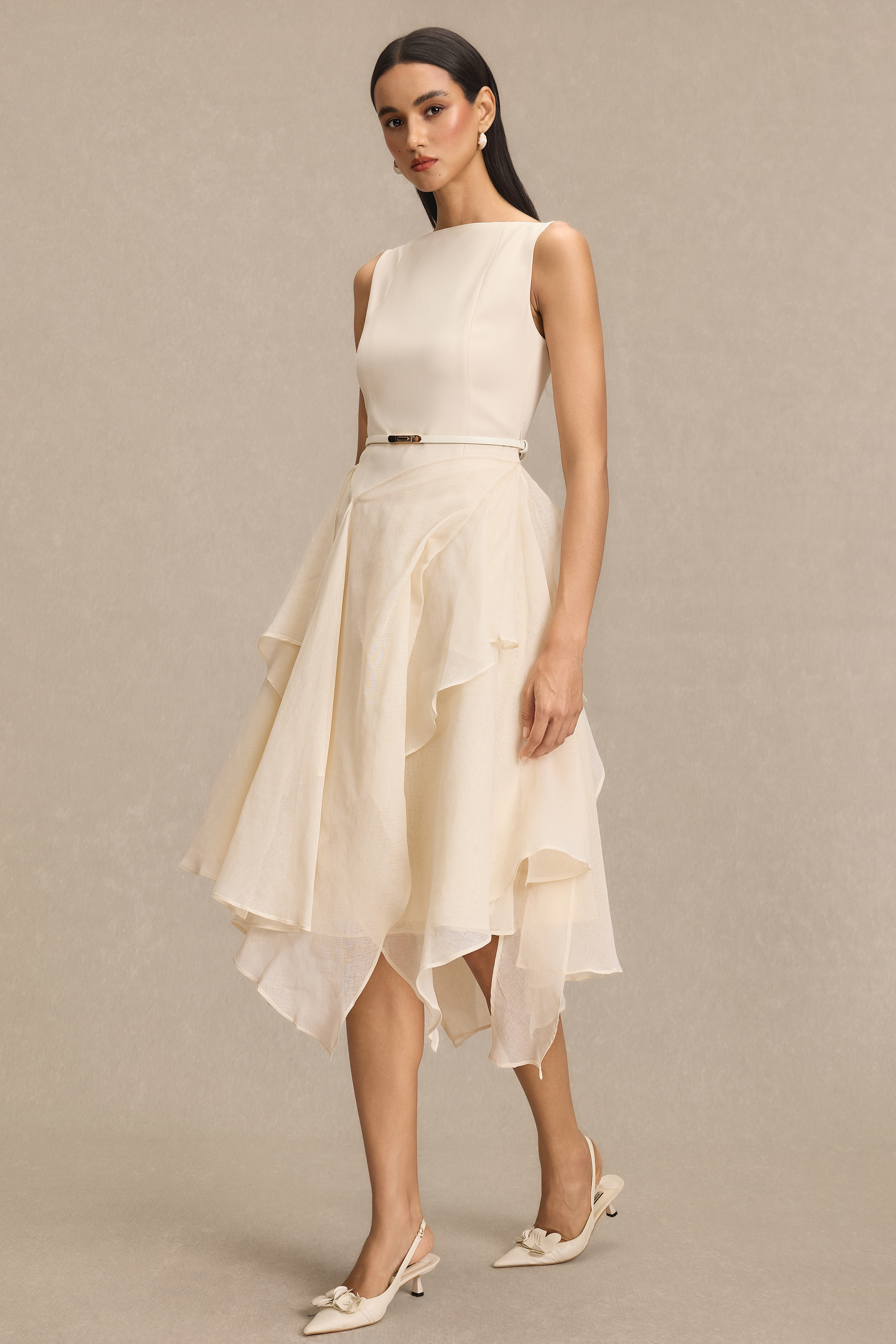 Solid Ruffle Midi Dress With Cape