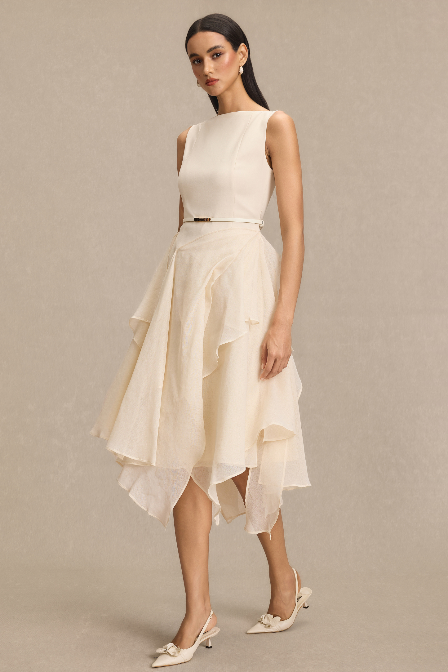 Solid Ruffle Midi Dress With Cape